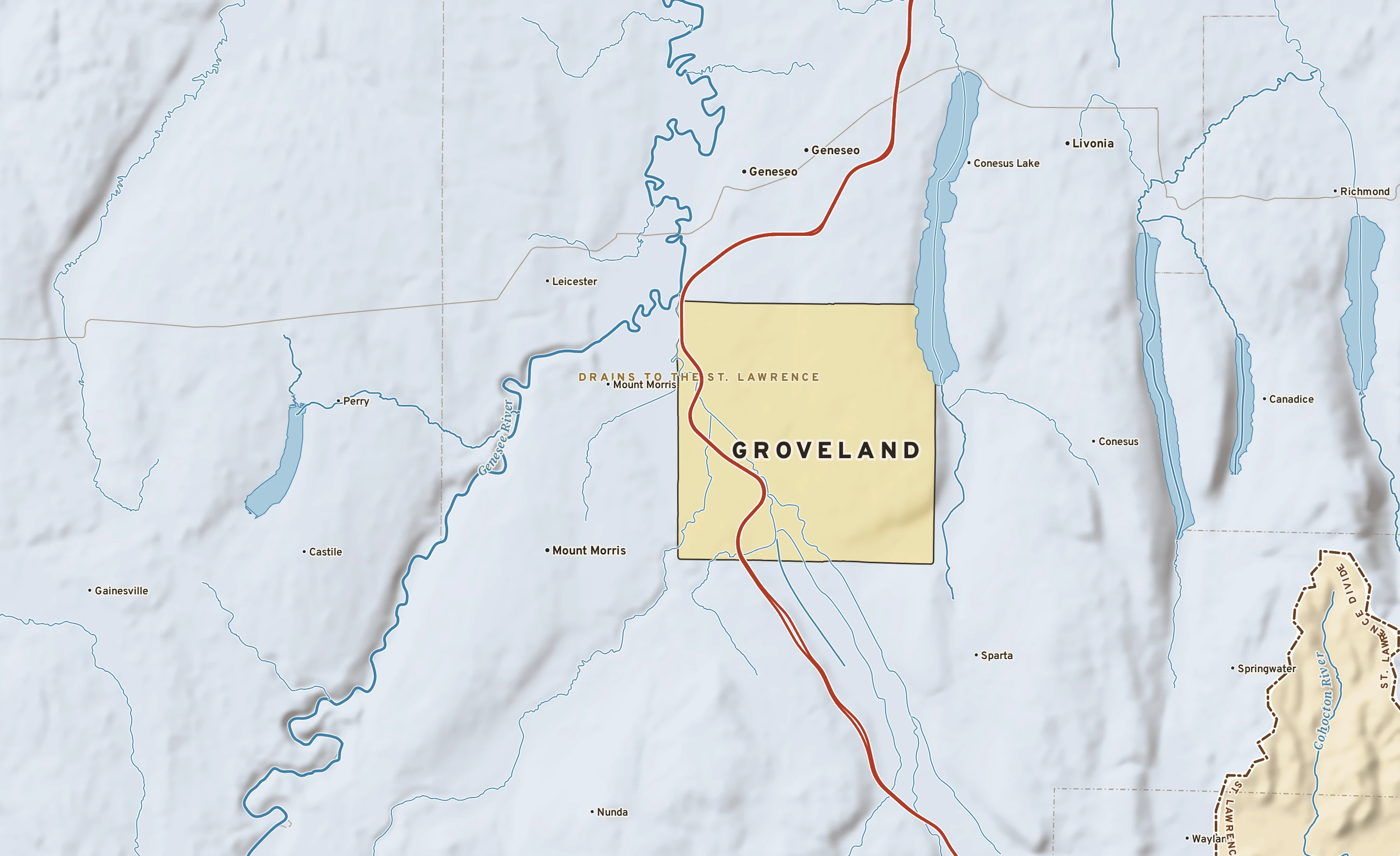 Shaded-relief atlas plate of Groveland, New York: rivers, roads, the city limits and where the water drains.
