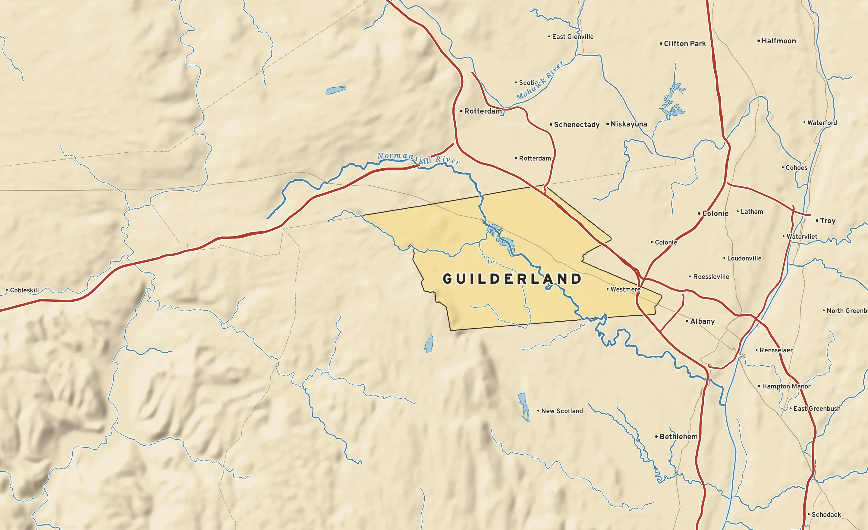 Shaded-relief atlas plate of Guilderland, New York: rivers, roads, the city limits and where the water drains.