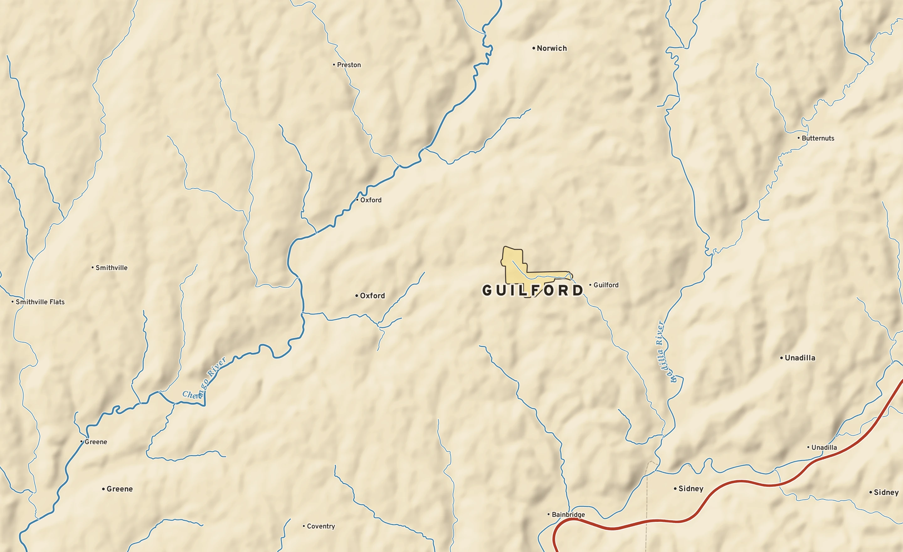 Shaded-relief atlas plate of Guilford, New York: rivers, roads, the city limits and where the water drains.