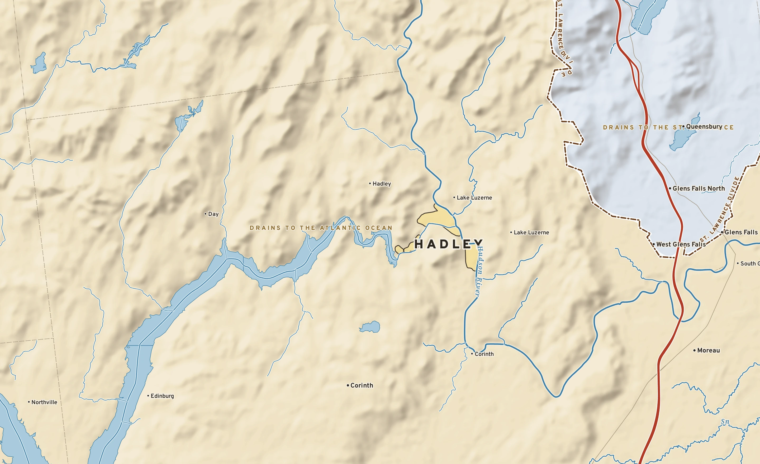 Shaded-relief atlas plate of Hadley, New York: rivers, roads, the city limits and where the water drains.
