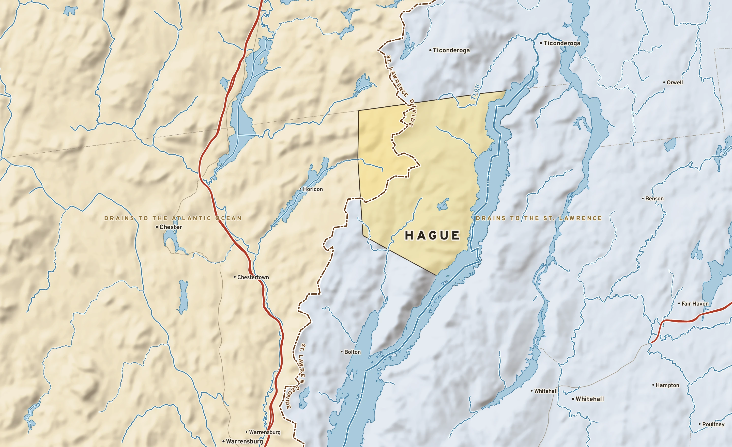 Shaded-relief atlas plate of Hague, New York: rivers, roads, the city limits and where the water drains.