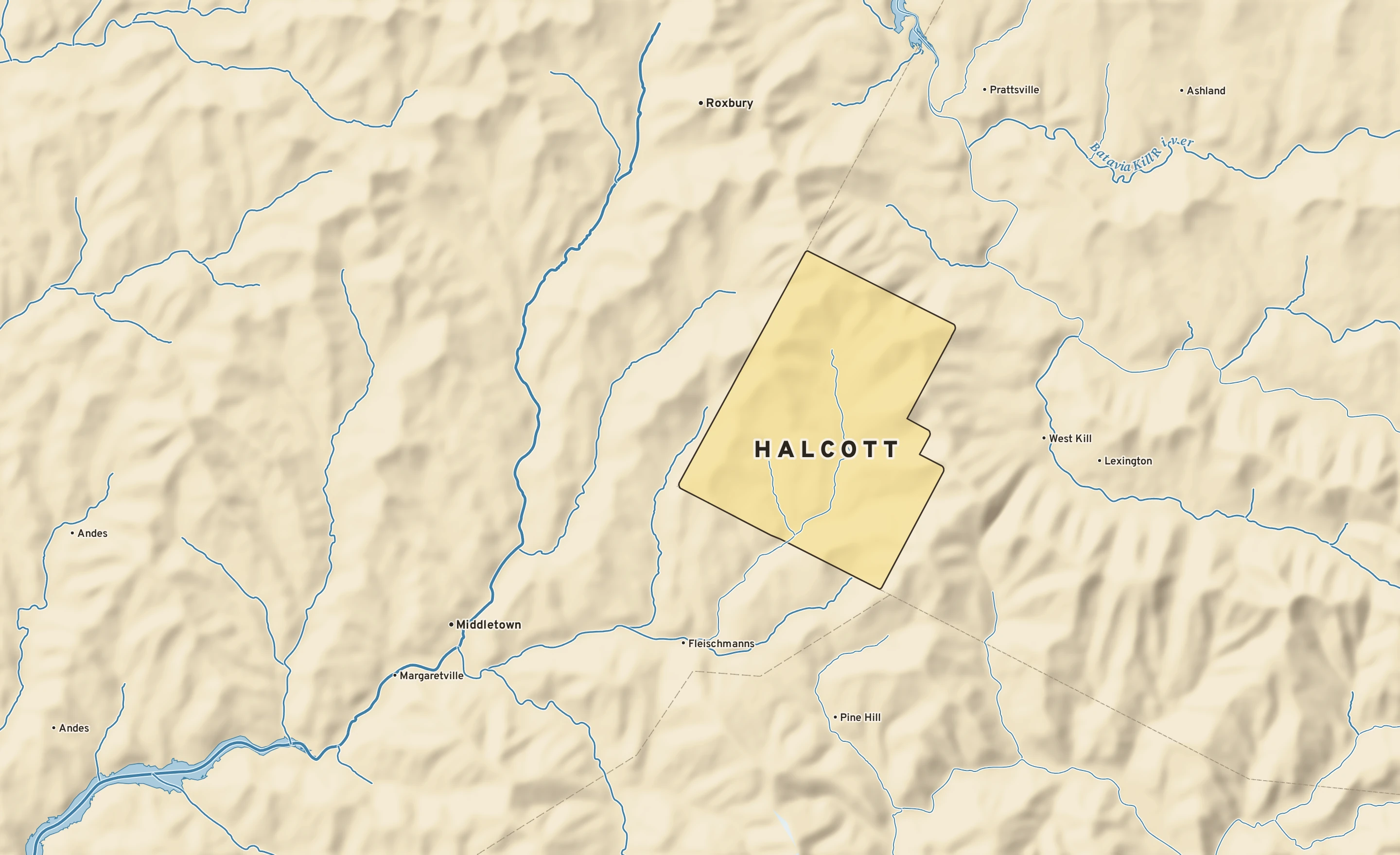 Shaded-relief atlas plate of Halcott, New York: rivers, roads, the city limits and where the water drains.