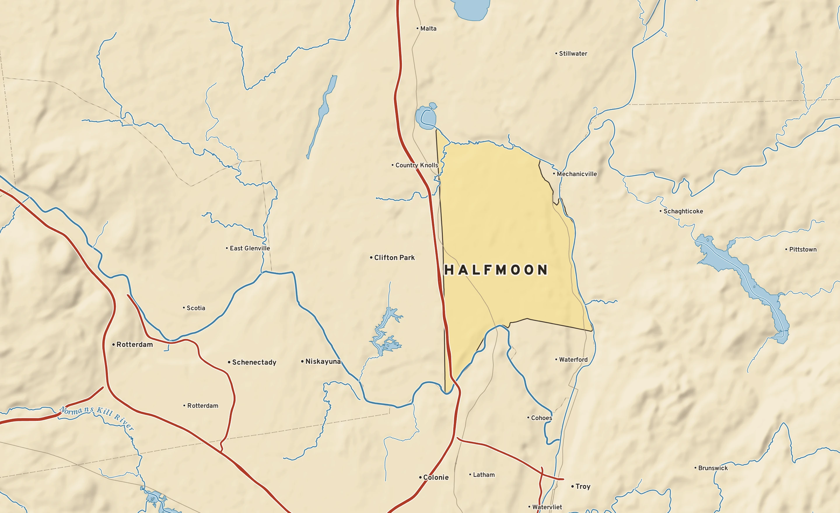 Shaded-relief atlas plate of Halfmoon, New York: rivers, roads, the city limits and where the water drains.