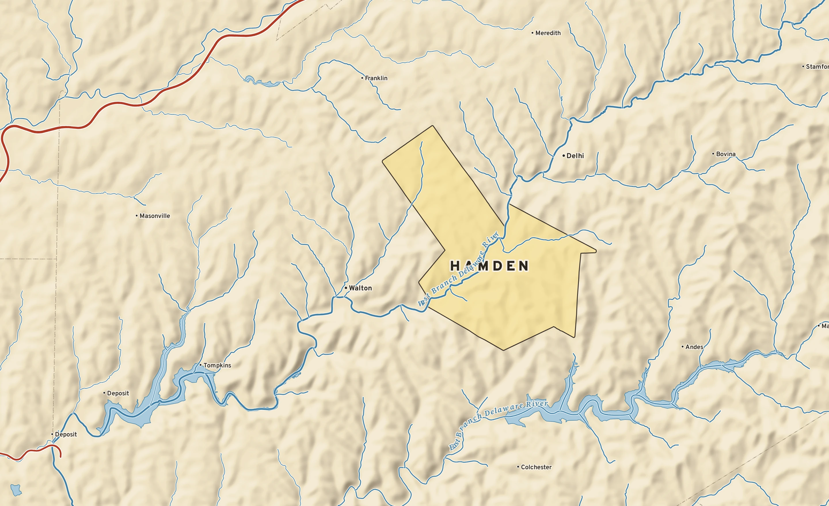 Shaded-relief atlas plate of Hamden, New York: rivers, roads, the city limits and where the water drains.