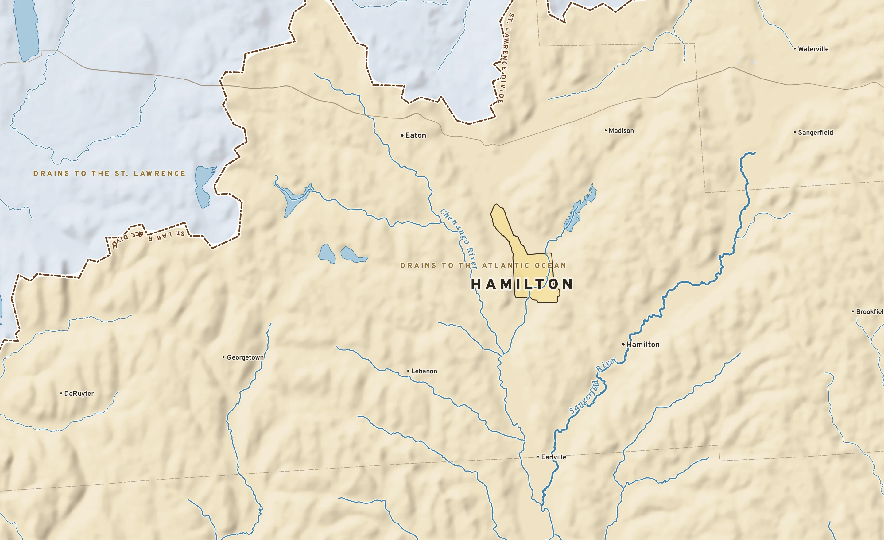 Shaded-relief atlas plate of Hamilton, New York: rivers, roads, the city limits and where the water drains.