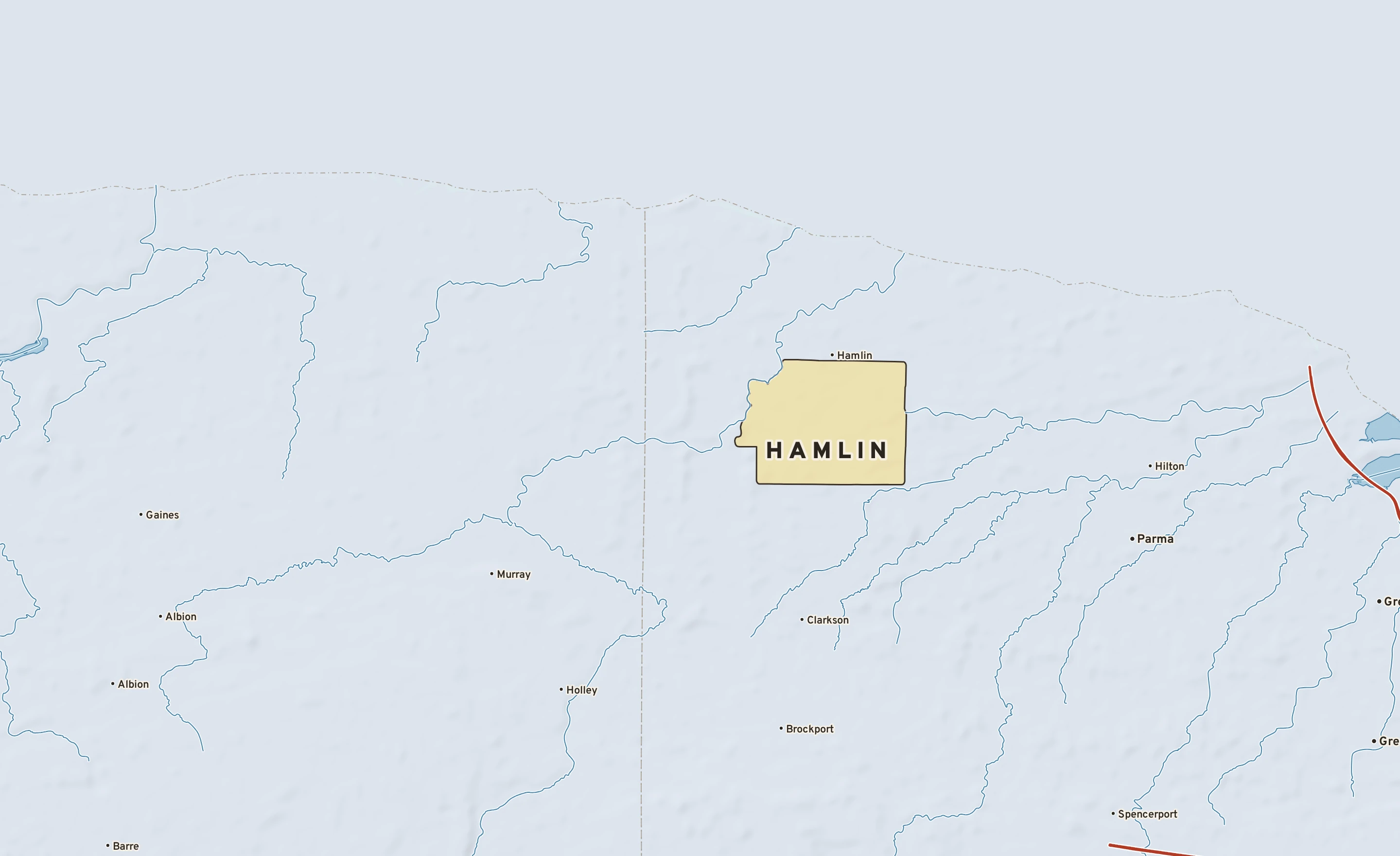 Shaded-relief atlas plate of Hamlin, New York: rivers, roads, the city limits and where the water drains.