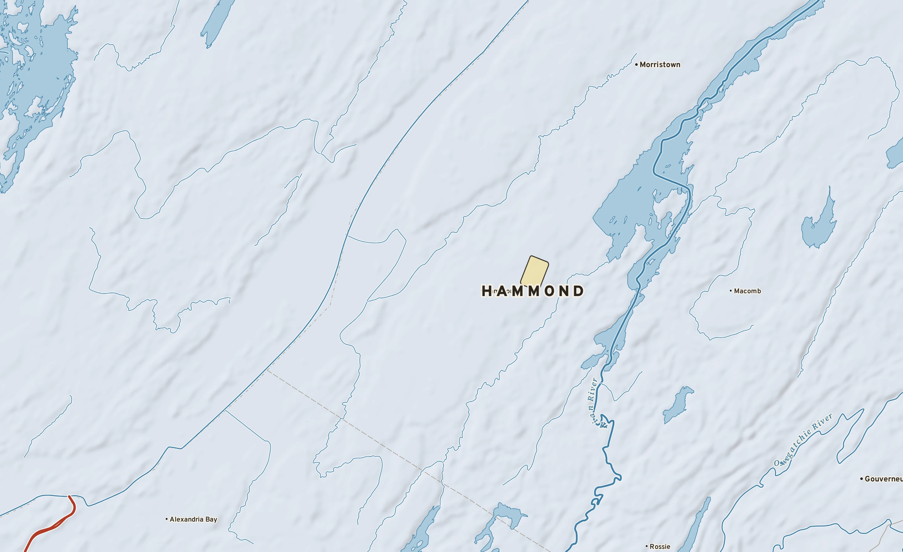 Shaded-relief atlas plate of Hammond, New York: rivers, roads, the city limits and where the water drains.