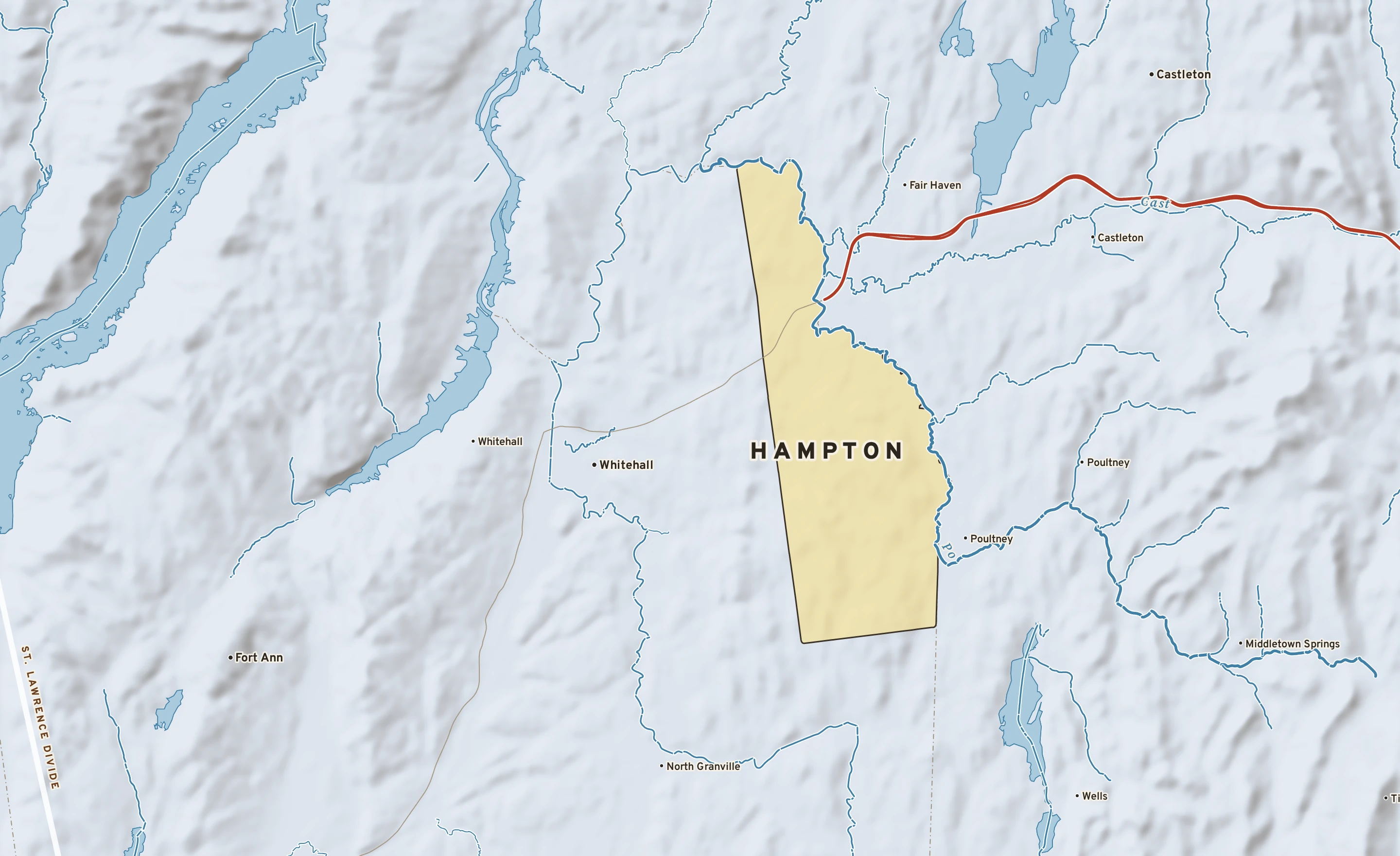 Shaded-relief atlas plate of Hampton, New York: rivers, roads, the city limits and where the water drains.