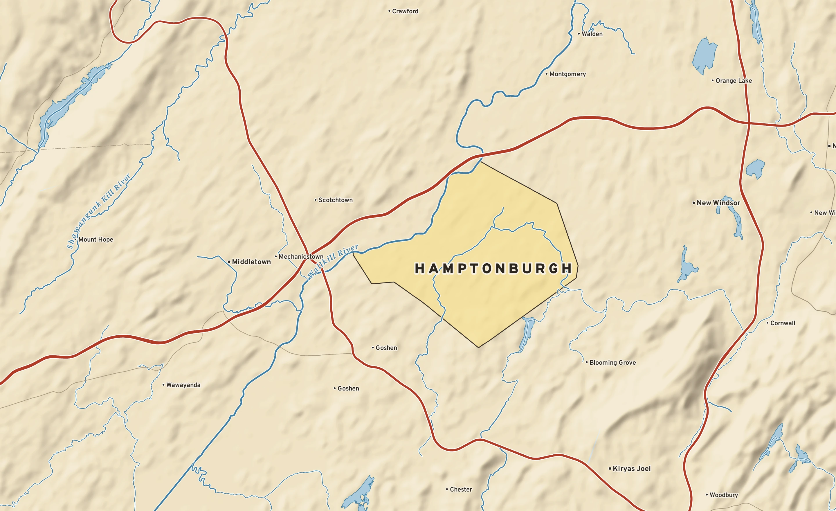 Shaded-relief atlas plate of Hamptonburgh, New York: rivers, roads, the city limits and where the water drains.