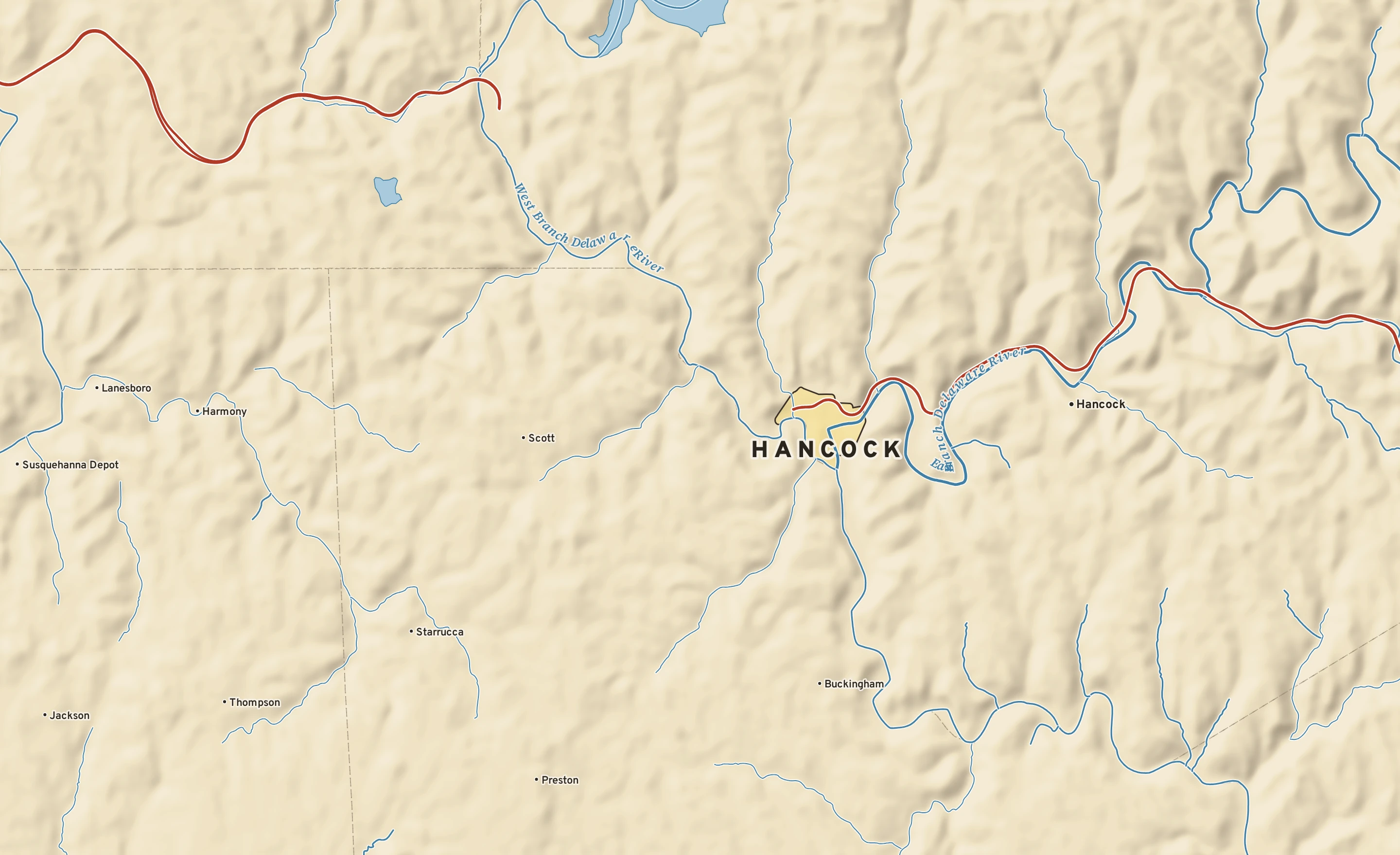 Shaded-relief atlas plate of Hancock, New York: rivers, roads, the city limits and where the water drains.