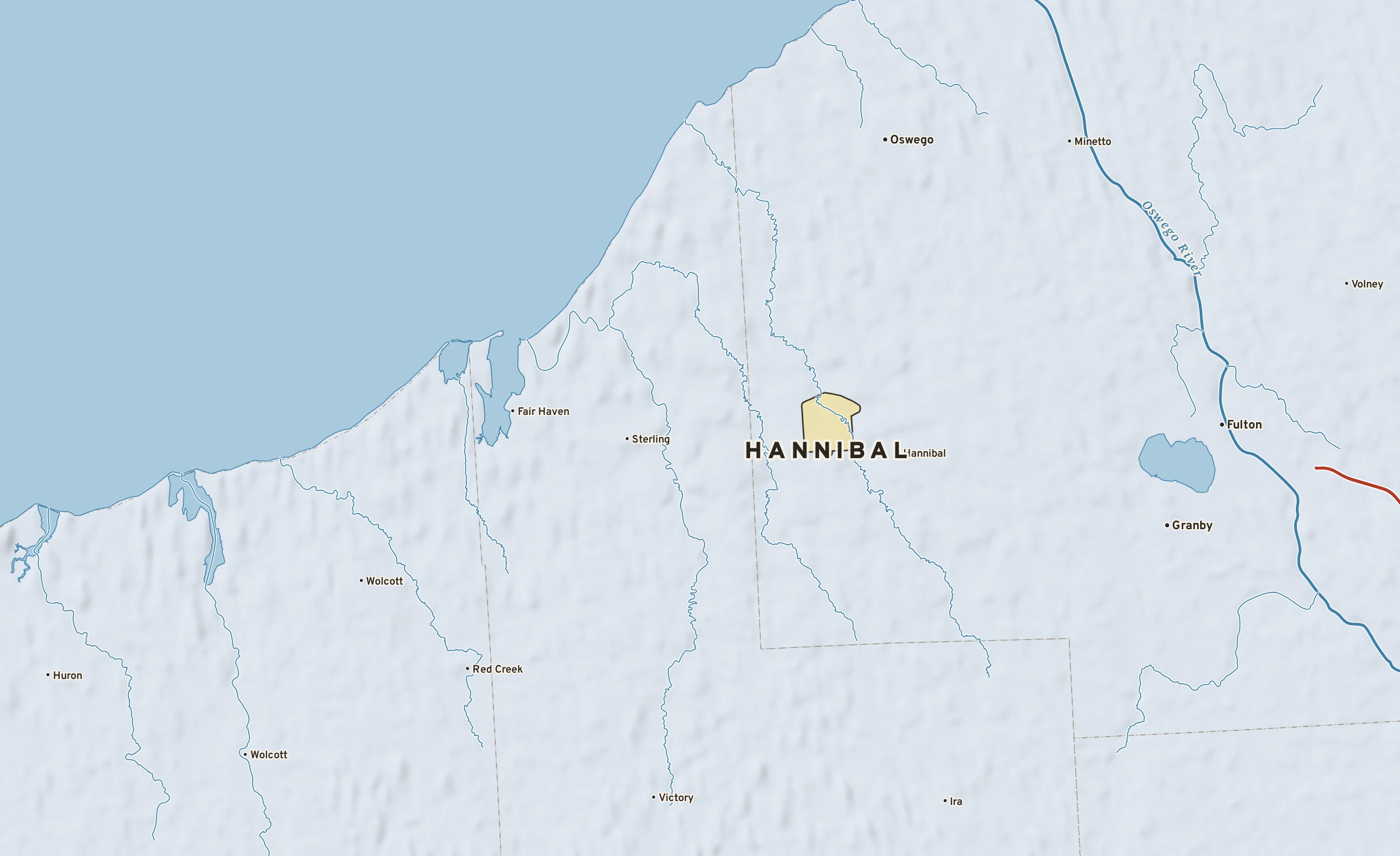 Shaded-relief atlas plate of Hannibal, New York: rivers, roads, the city limits and where the water drains.