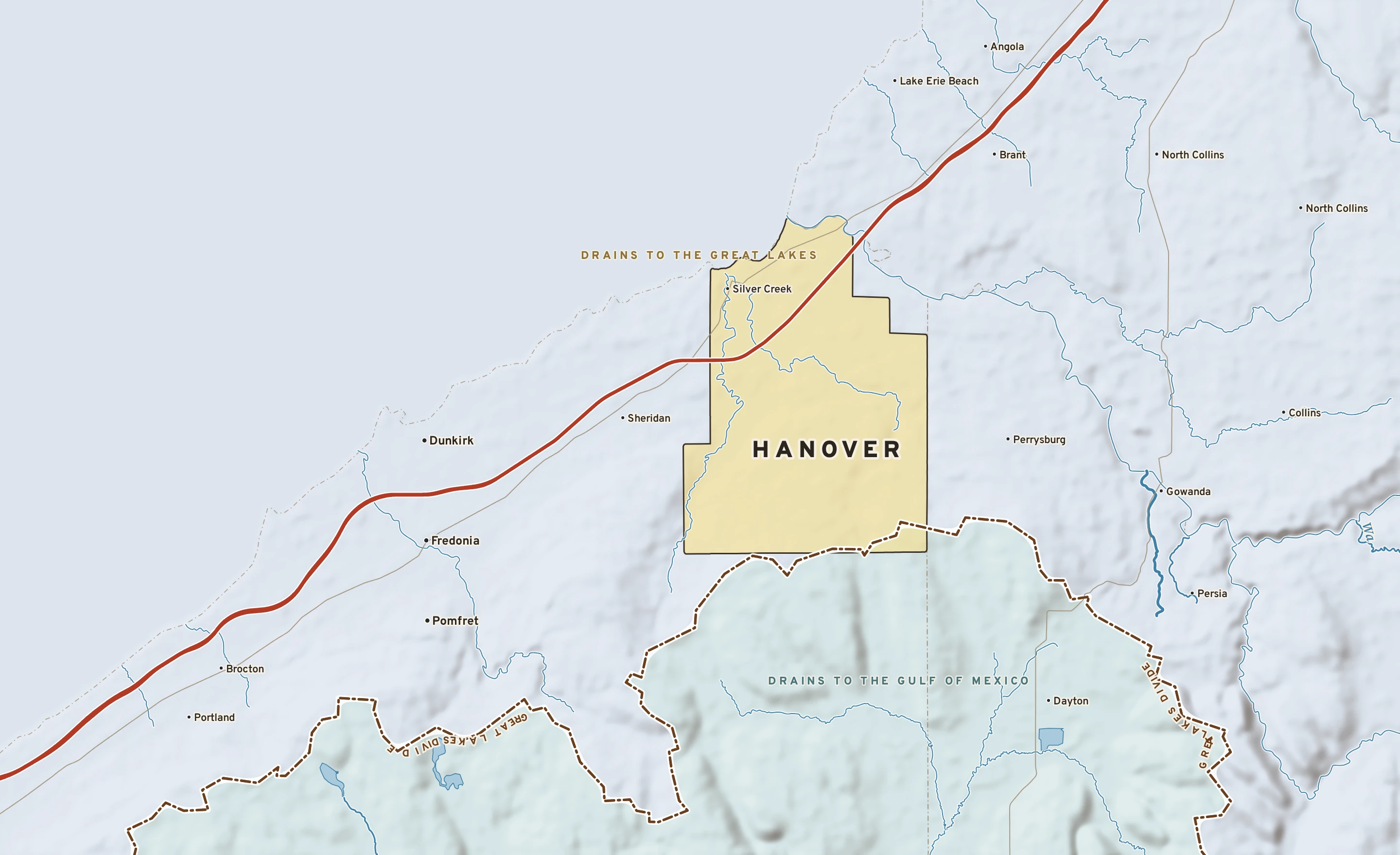 Shaded-relief atlas plate of Hanover, New York: rivers, roads, the city limits and where the water drains.