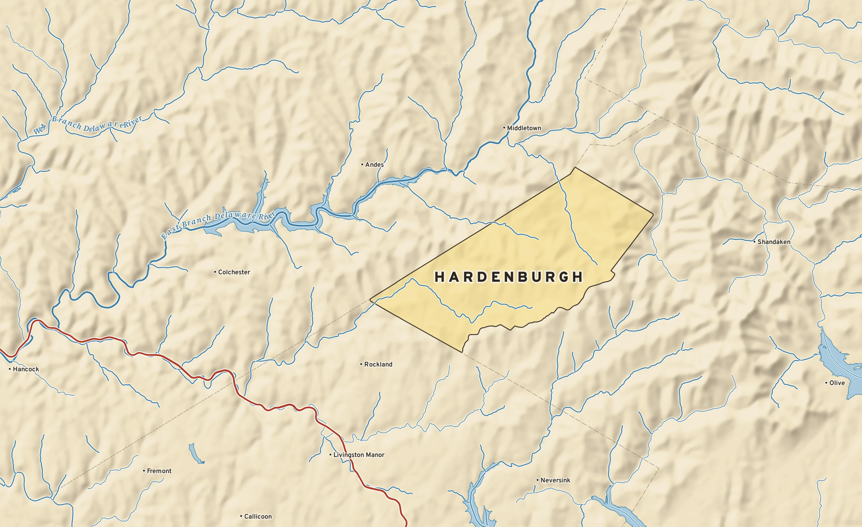 Shaded-relief atlas plate of Hardenburgh, New York: rivers, roads, the city limits and where the water drains.