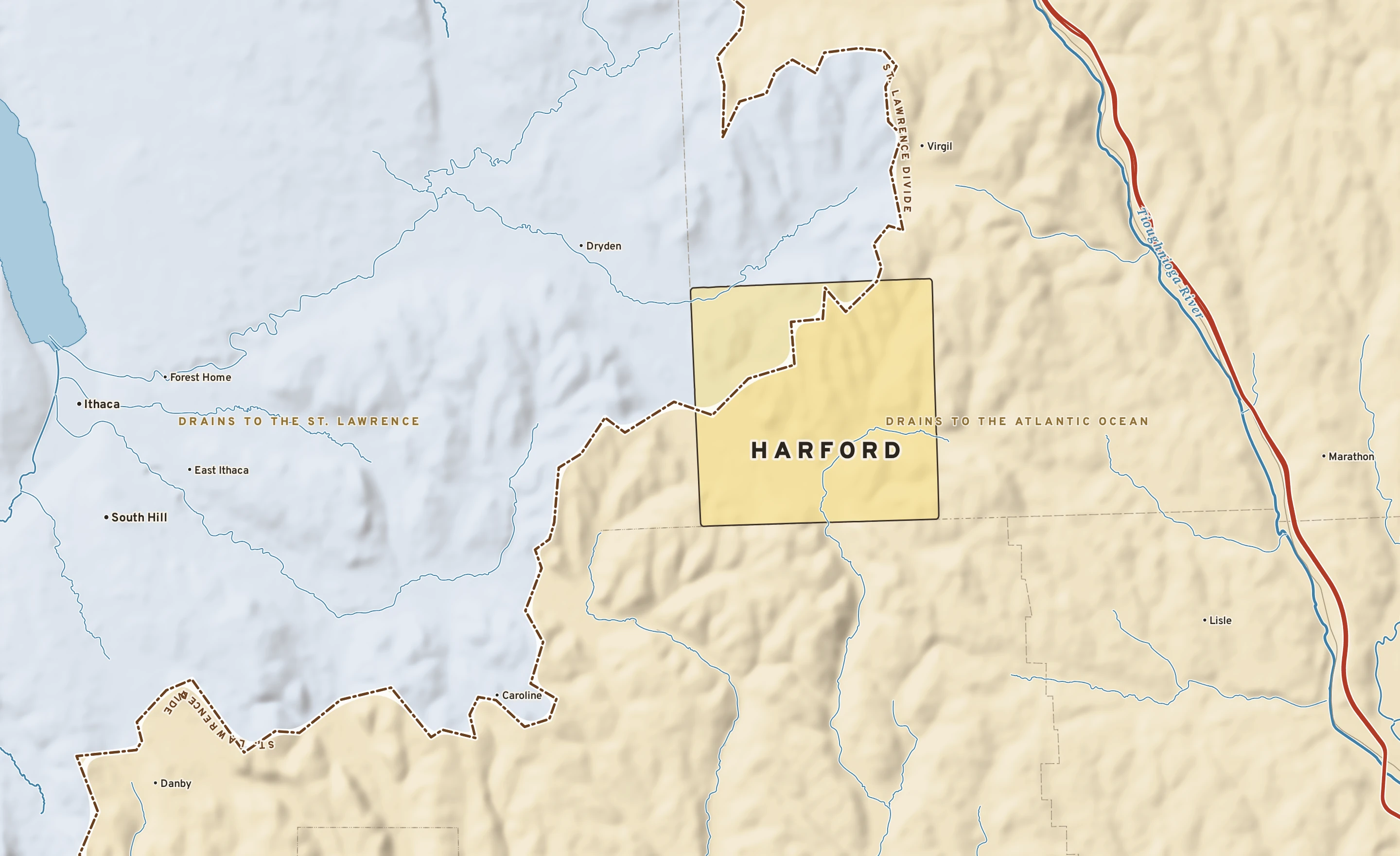 Shaded-relief atlas plate of Harford, New York: rivers, roads, the city limits and where the water drains.
