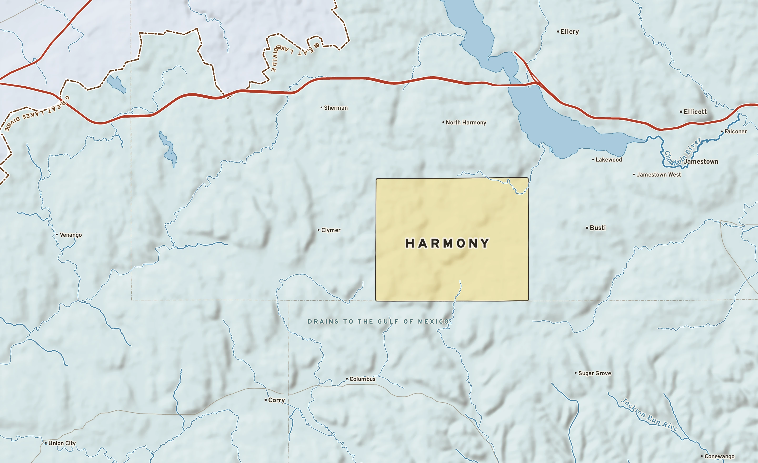 Shaded-relief atlas plate of Harmony, New York: rivers, roads, the city limits and where the water drains.