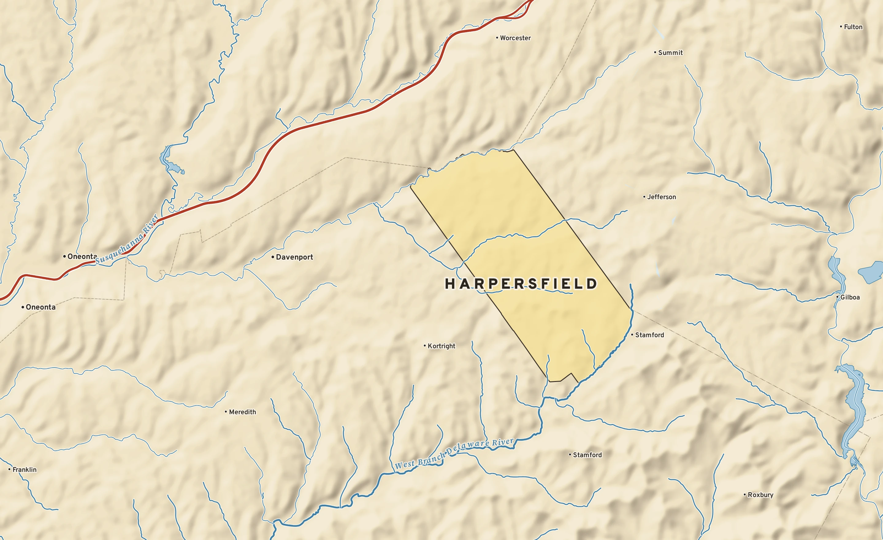 Shaded-relief atlas plate of Harpersfield, New York: rivers, roads, the city limits and where the water drains.