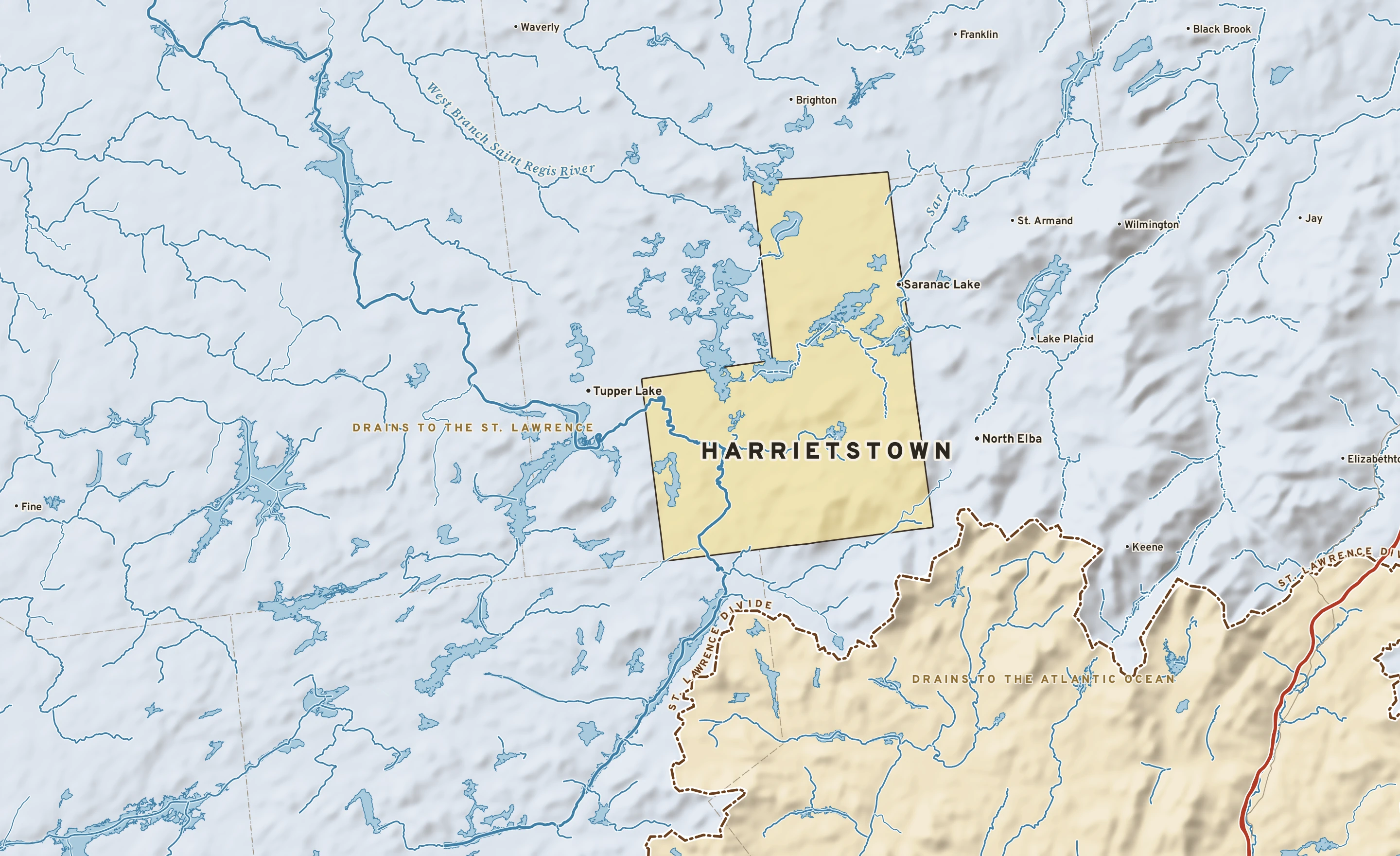 Shaded-relief atlas plate of Harrietstown, New York: rivers, roads, the city limits and where the water drains.