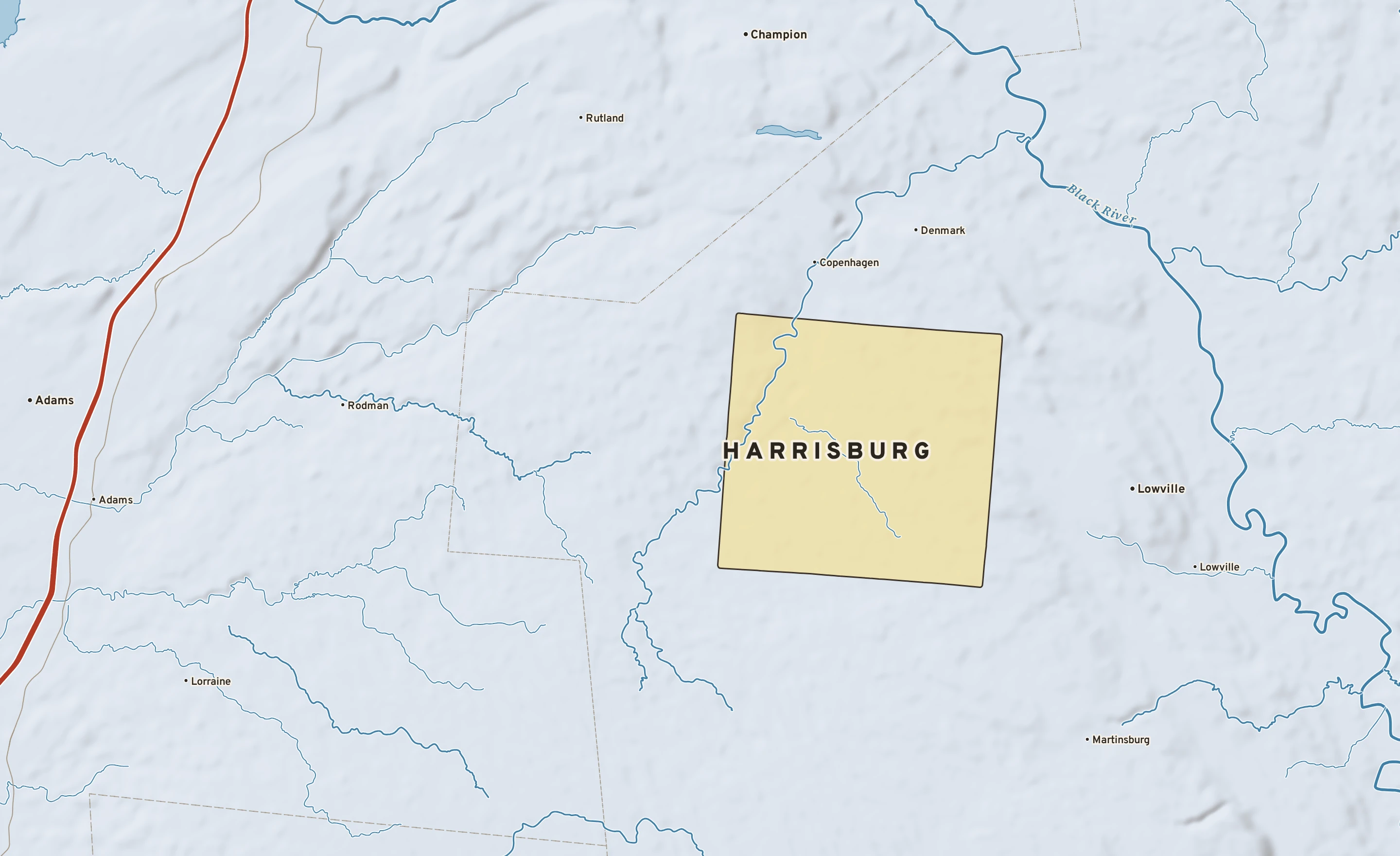 Shaded-relief atlas plate of Harrisburg, New York: rivers, roads, the city limits and where the water drains.