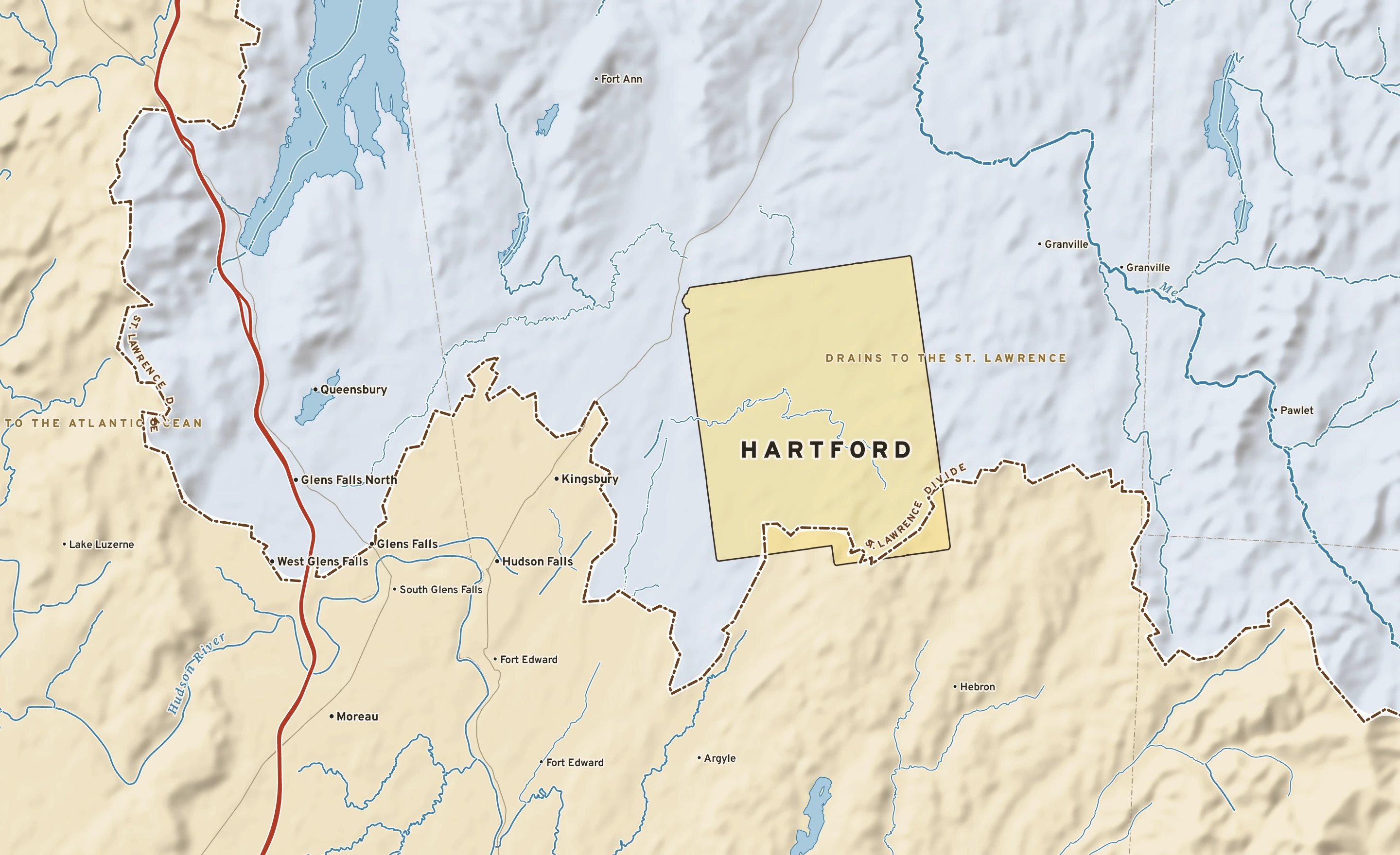 Shaded-relief atlas plate of Hartford, New York: rivers, roads, the city limits and where the water drains.