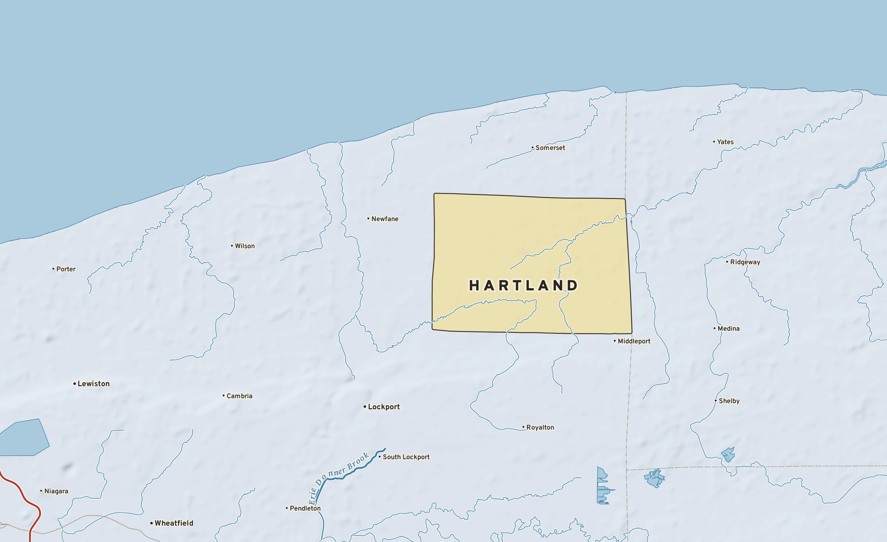 Shaded-relief atlas plate of Hartland, New York: rivers, roads, the city limits and where the water drains.