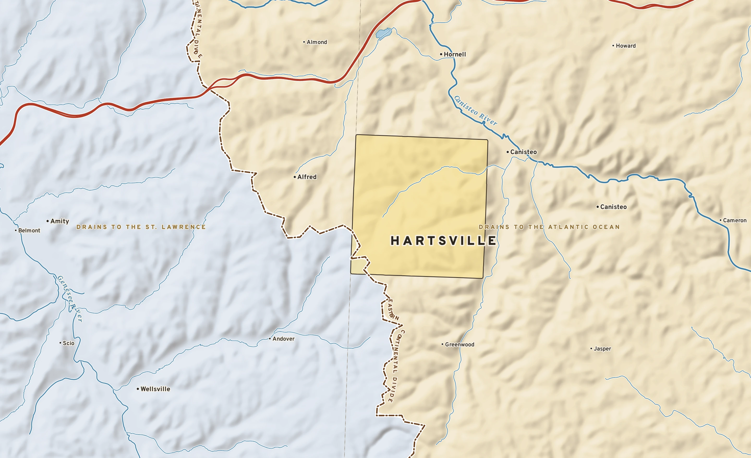 Shaded-relief atlas plate of Hartsville, New York: rivers, roads, the city limits and where the water drains.