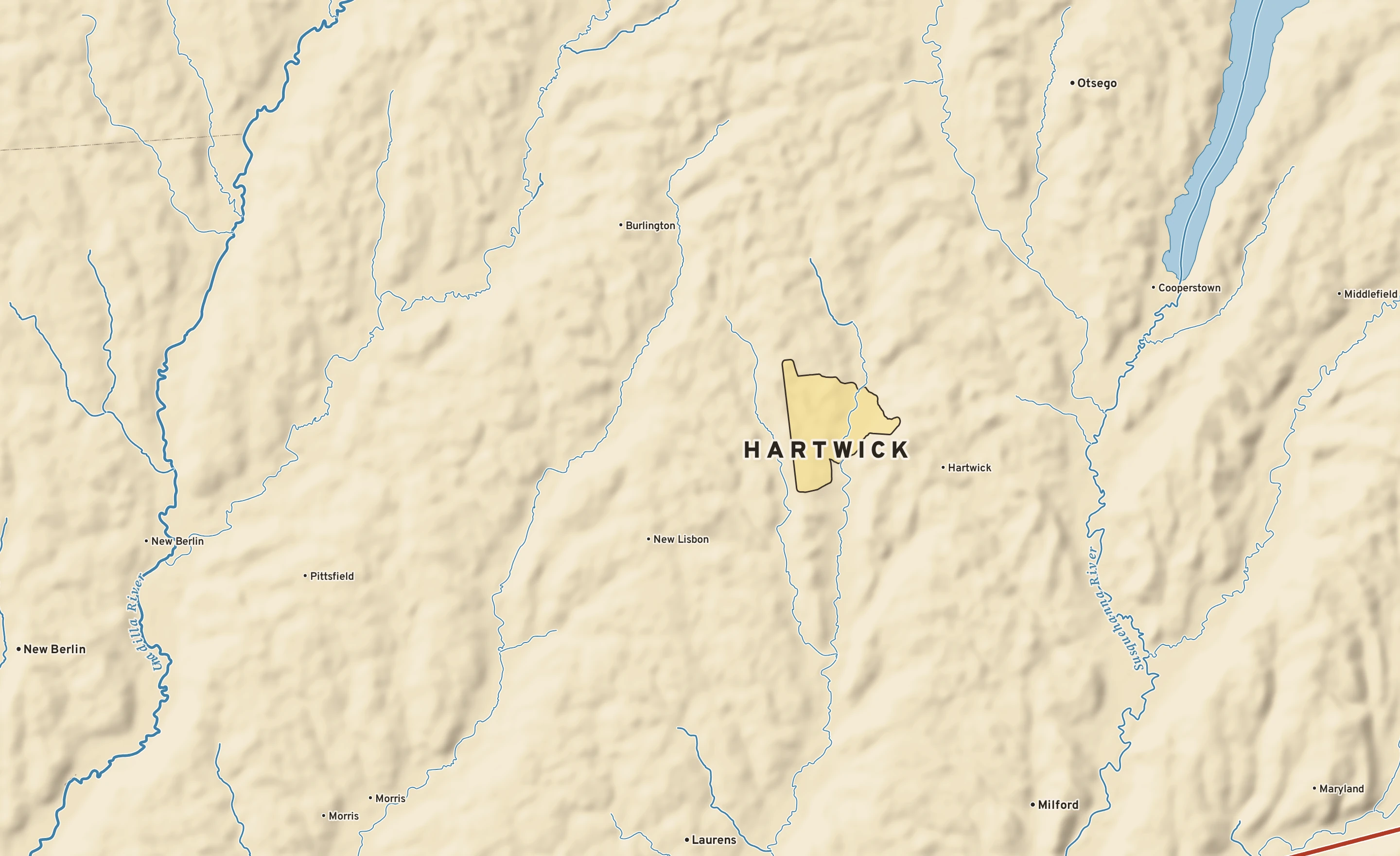Shaded-relief atlas plate of Hartwick, New York: rivers, roads, the city limits and where the water drains.