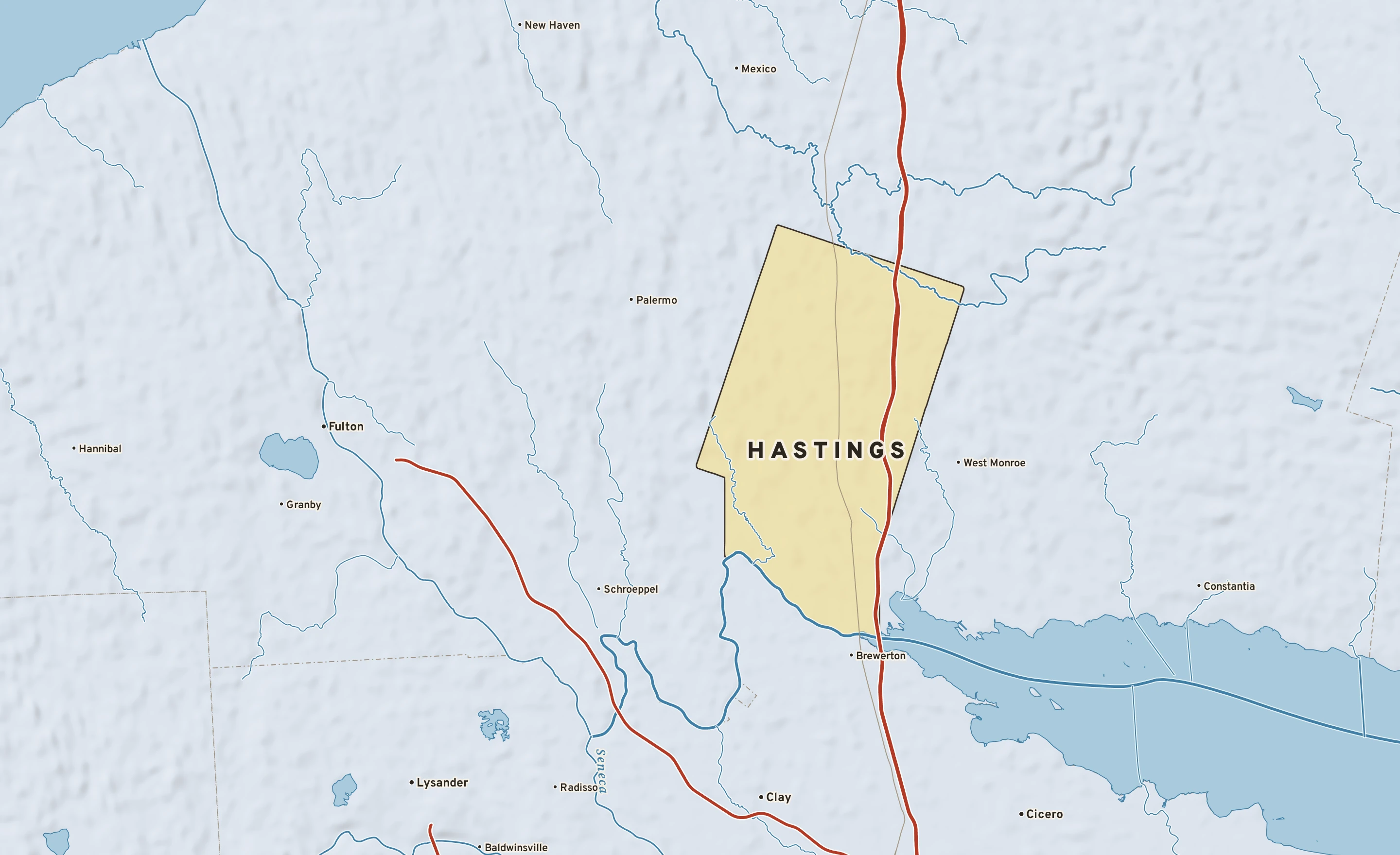 Shaded-relief atlas plate of Hastings, New York: rivers, roads, the city limits and where the water drains.