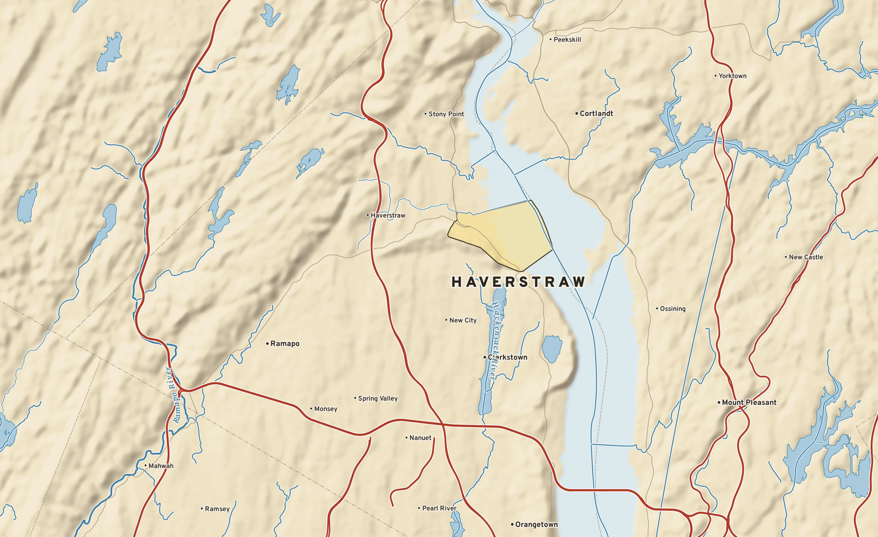 Shaded-relief atlas plate of Haverstraw, New York: rivers, roads, the city limits and where the water drains.