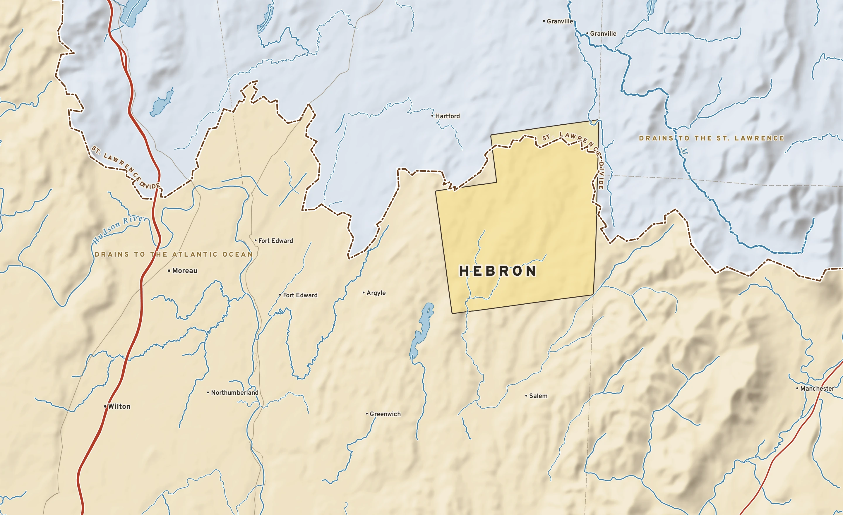 Shaded-relief atlas plate of Hebron, New York: rivers, roads, the city limits and where the water drains.