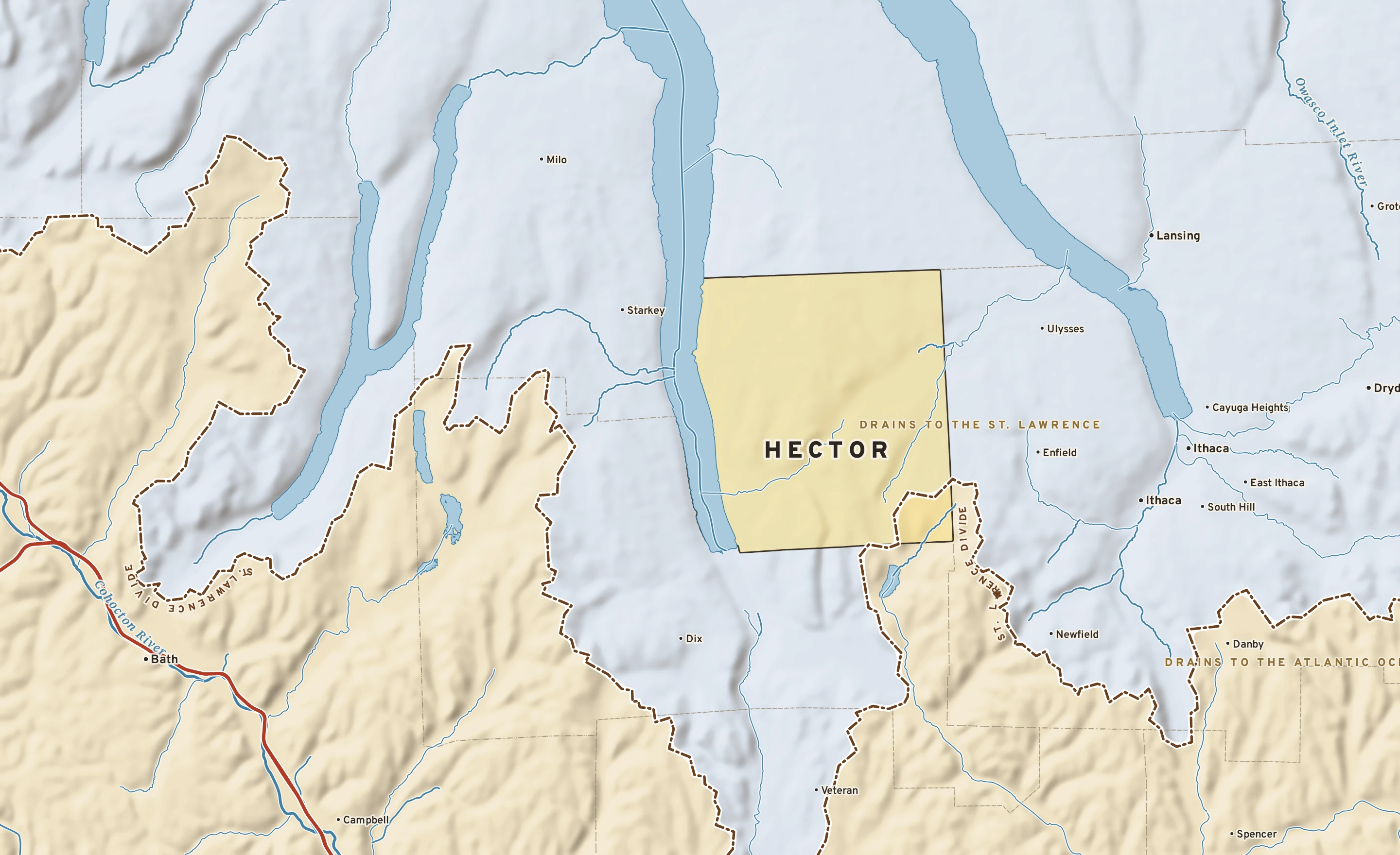 Shaded-relief atlas plate of Hector, New York: rivers, roads, the city limits and where the water drains.