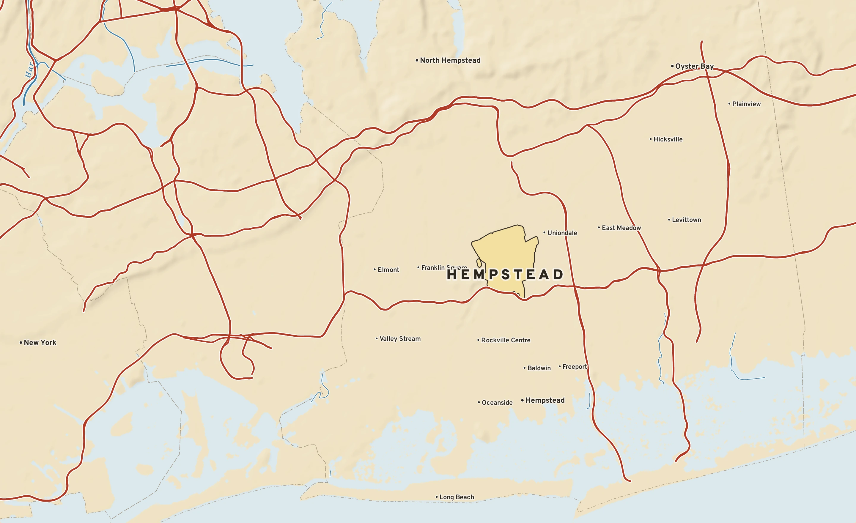 Shaded-relief atlas plate of Hempstead, New York: rivers, roads, the city limits and where the water drains.