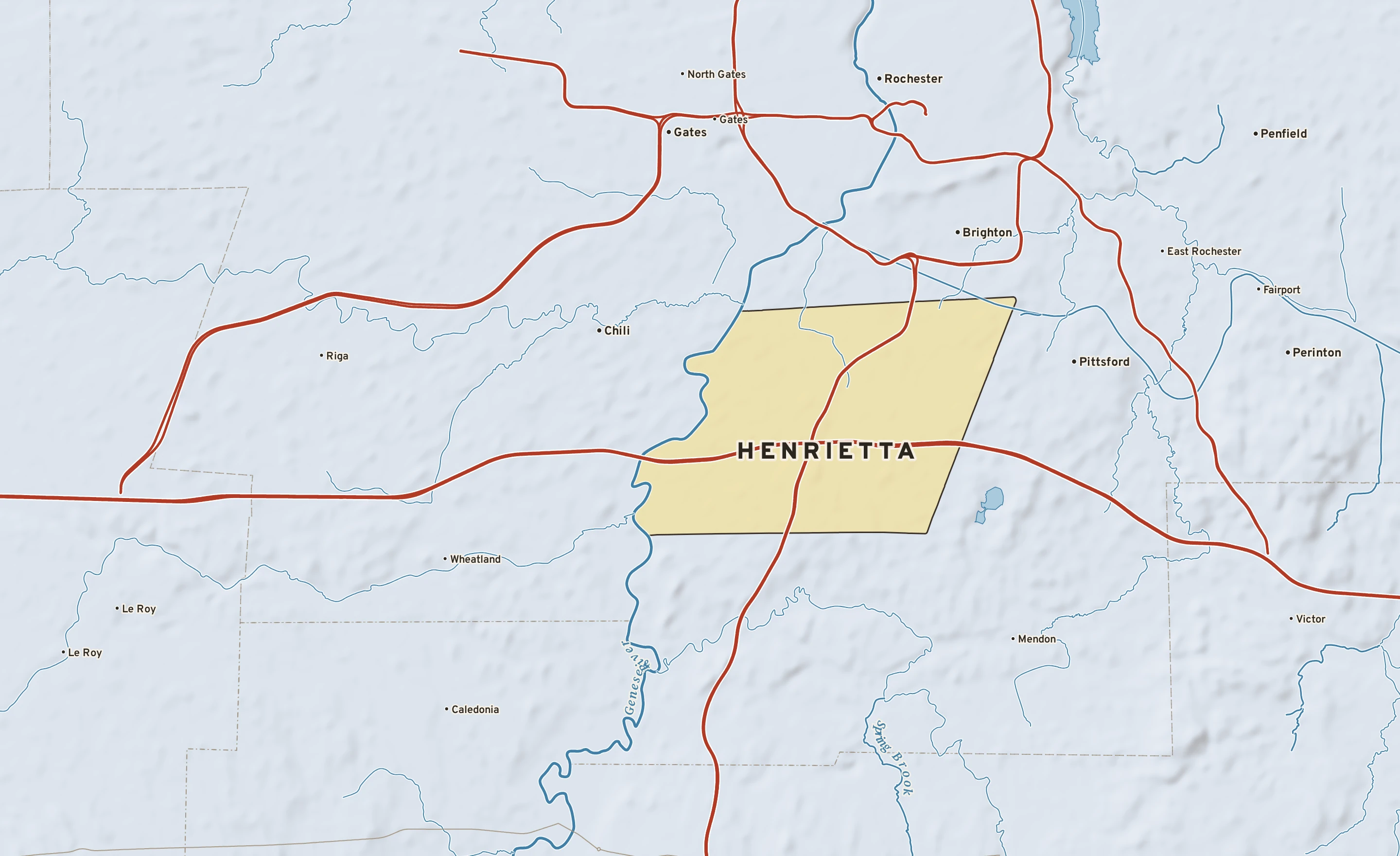Shaded-relief atlas plate of Henrietta, New York: rivers, roads, the city limits and where the water drains.