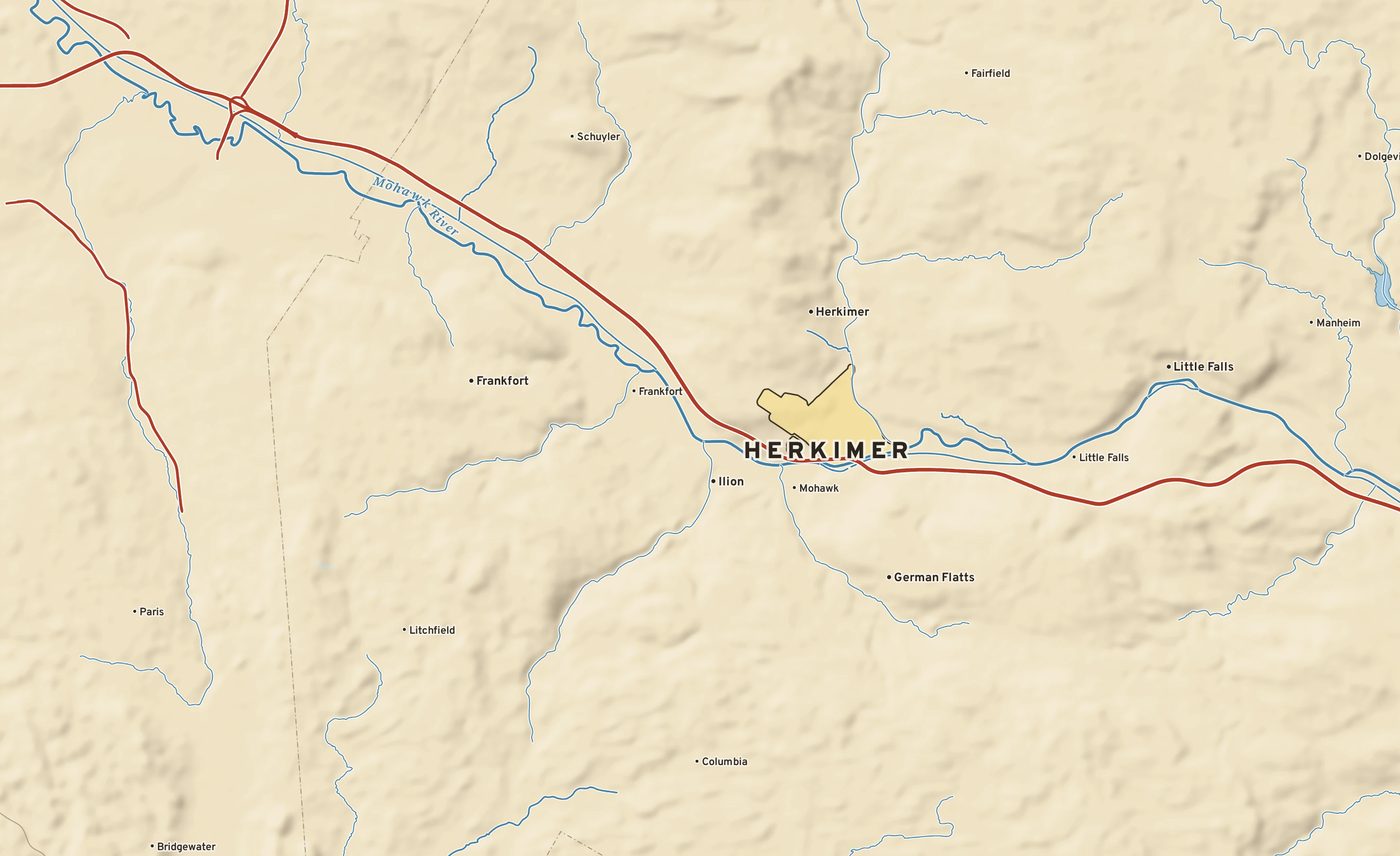 Shaded-relief atlas plate of Herkimer, New York: rivers, roads, the city limits and where the water drains.