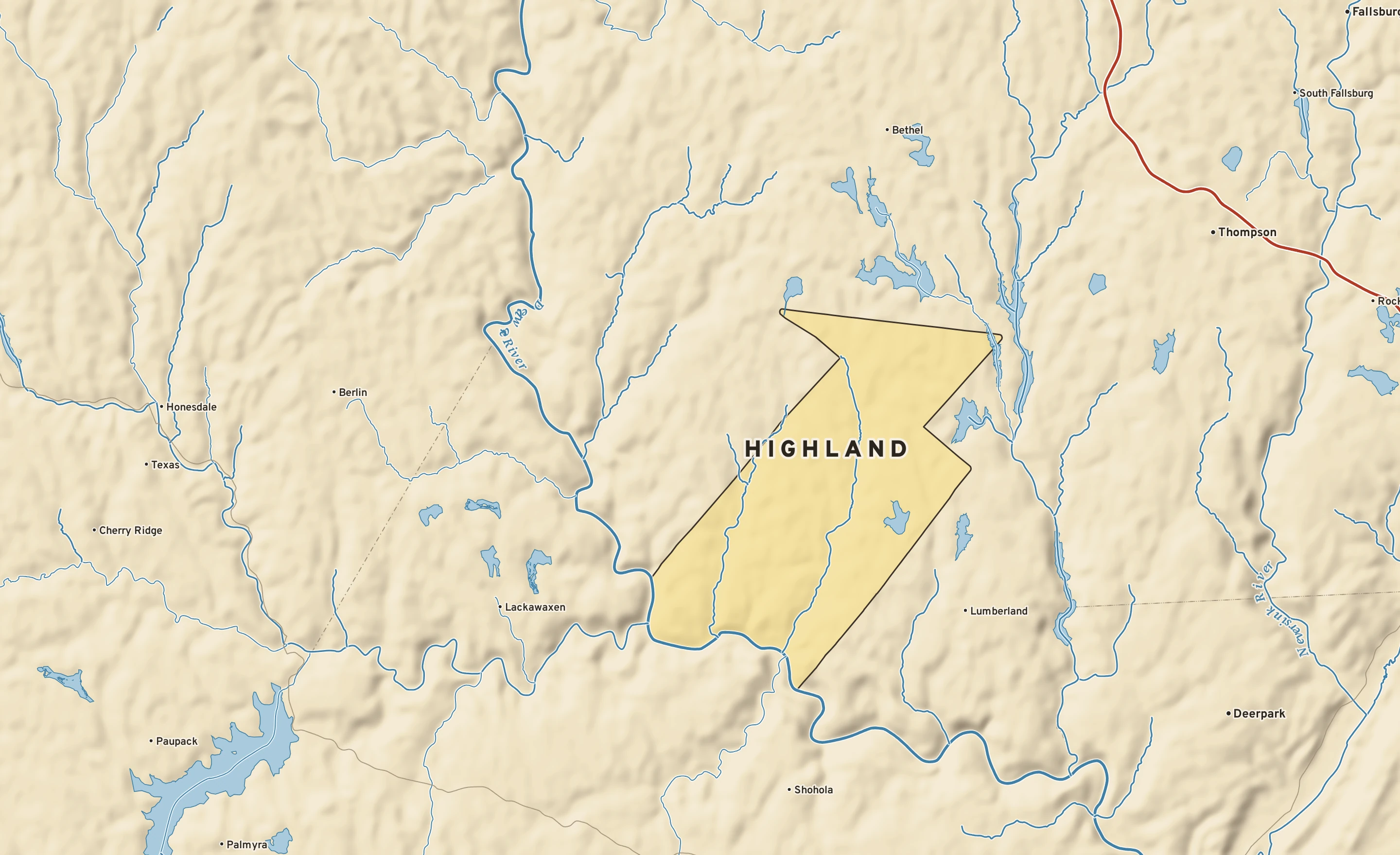 Shaded-relief atlas plate of Highland, New York: rivers, roads, the city limits and where the water drains.