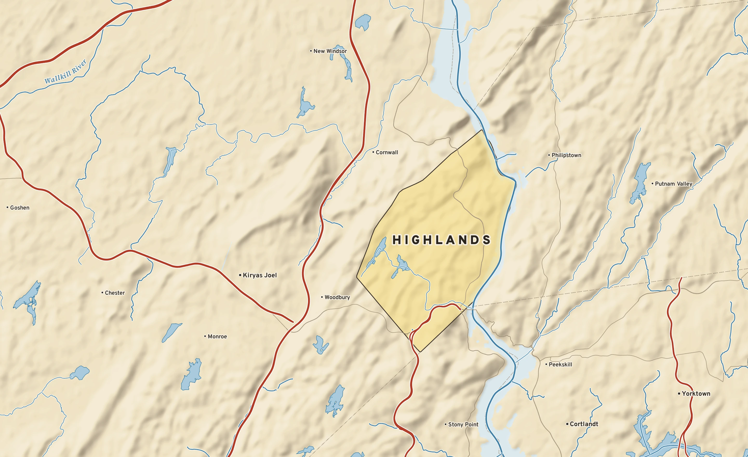 Shaded-relief atlas plate of Highlands, New York: rivers, roads, the city limits and where the water drains.
