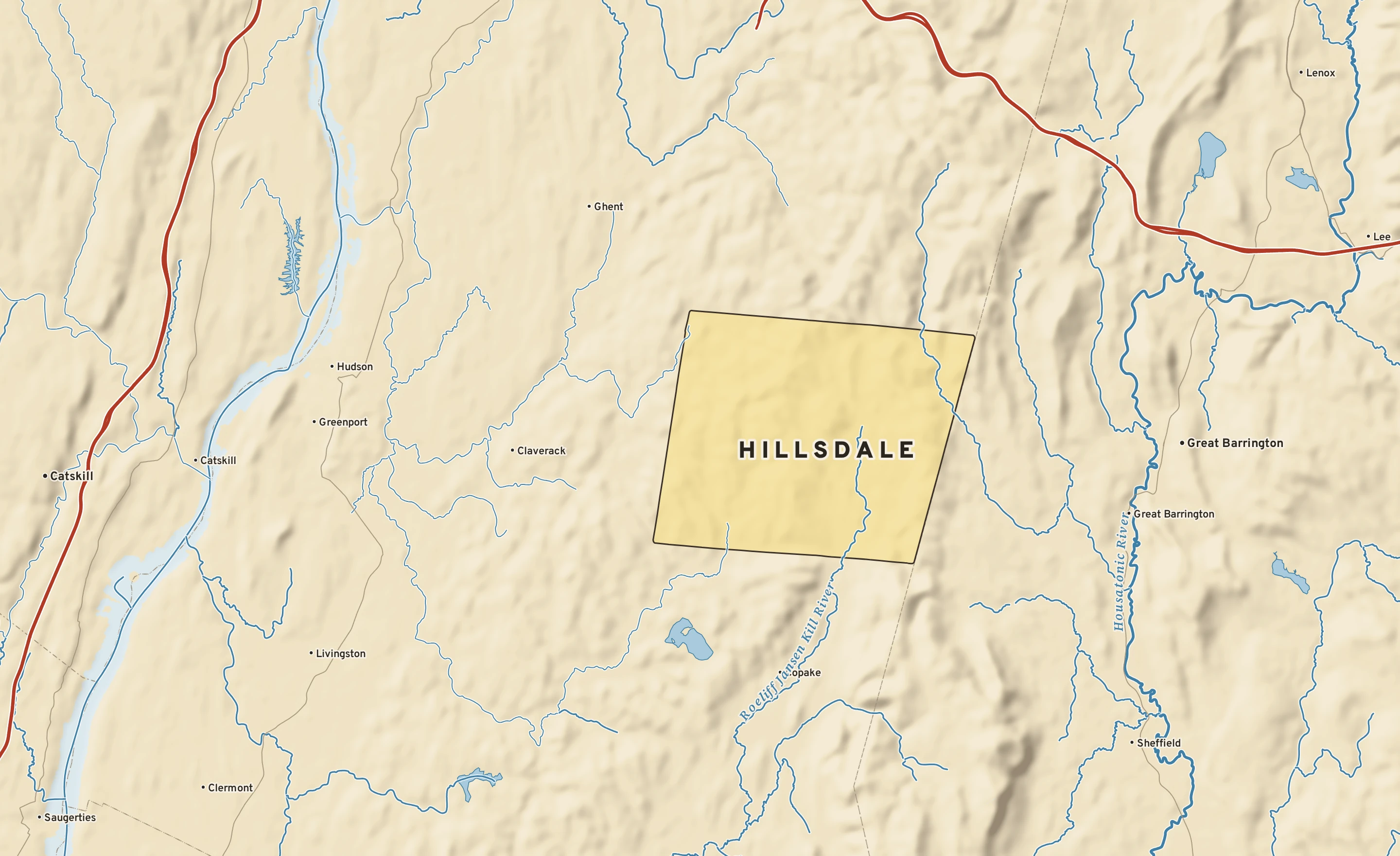Shaded-relief atlas plate of Hillsdale, New York: rivers, roads, the city limits and where the water drains.