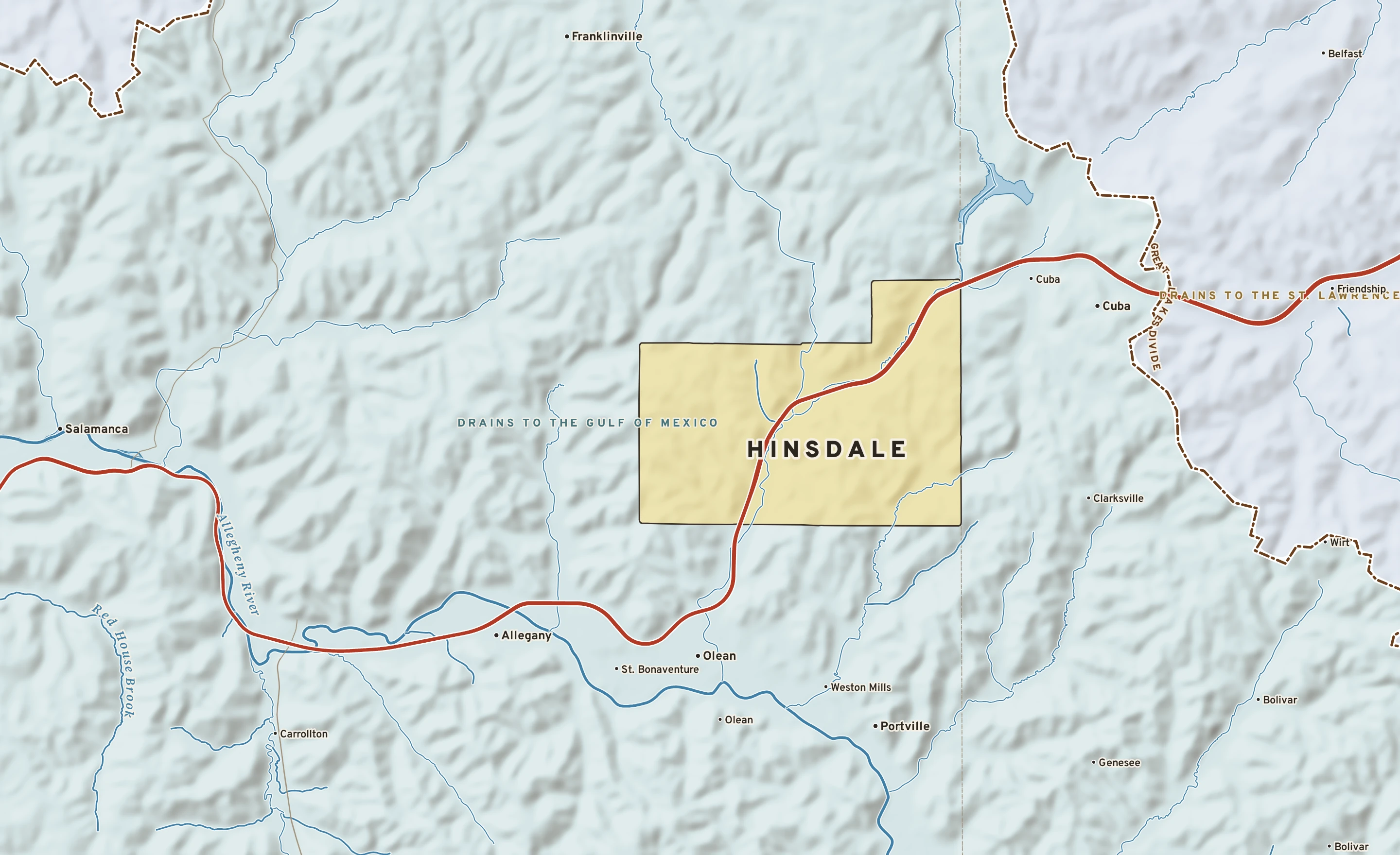 Shaded-relief atlas plate of Hinsdale, New York: rivers, roads, the city limits and where the water drains.