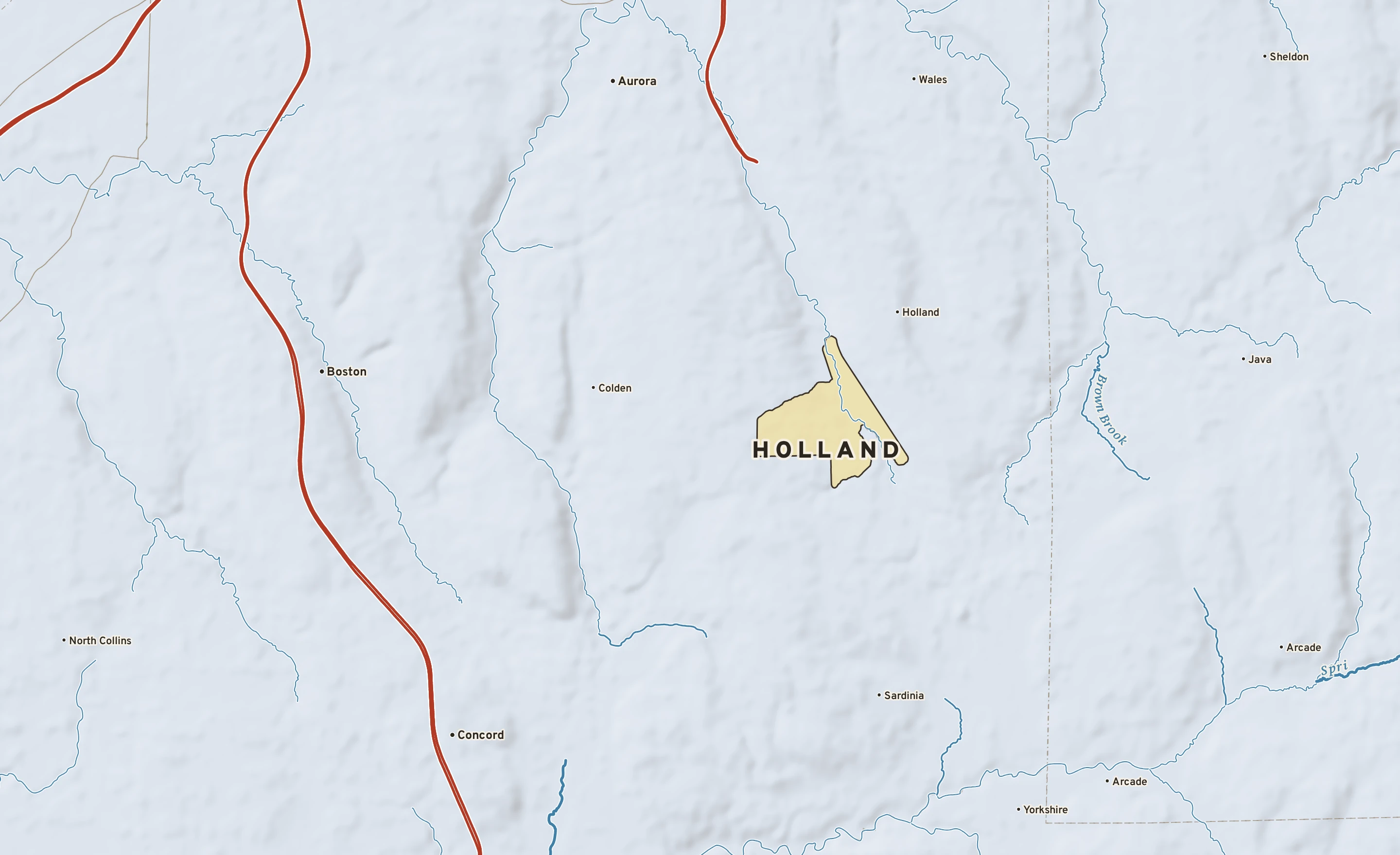 Shaded-relief atlas plate of Holland, New York: rivers, roads, the city limits and where the water drains.