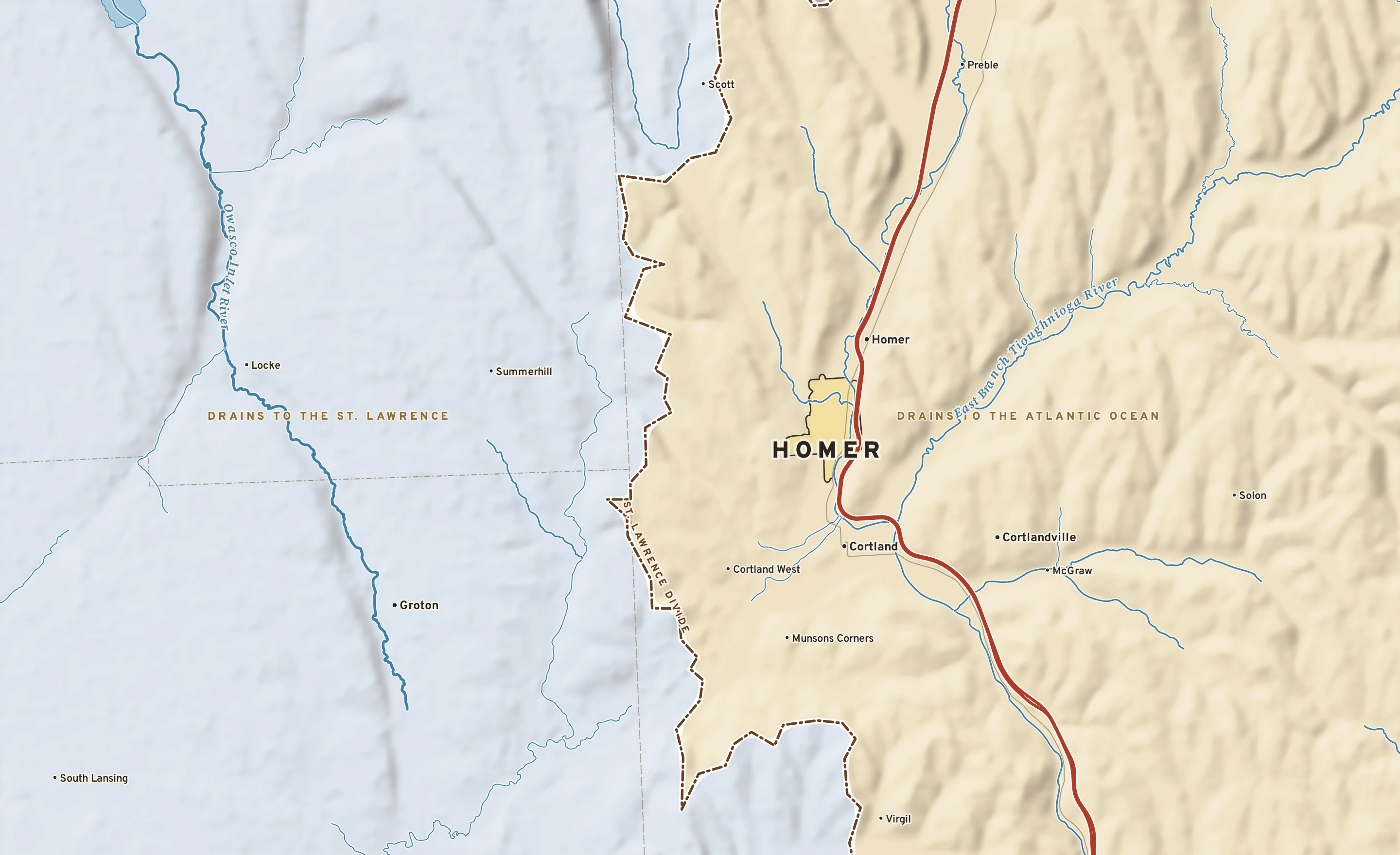 Shaded-relief atlas plate of Homer, New York: rivers, roads, the city limits and where the water drains.