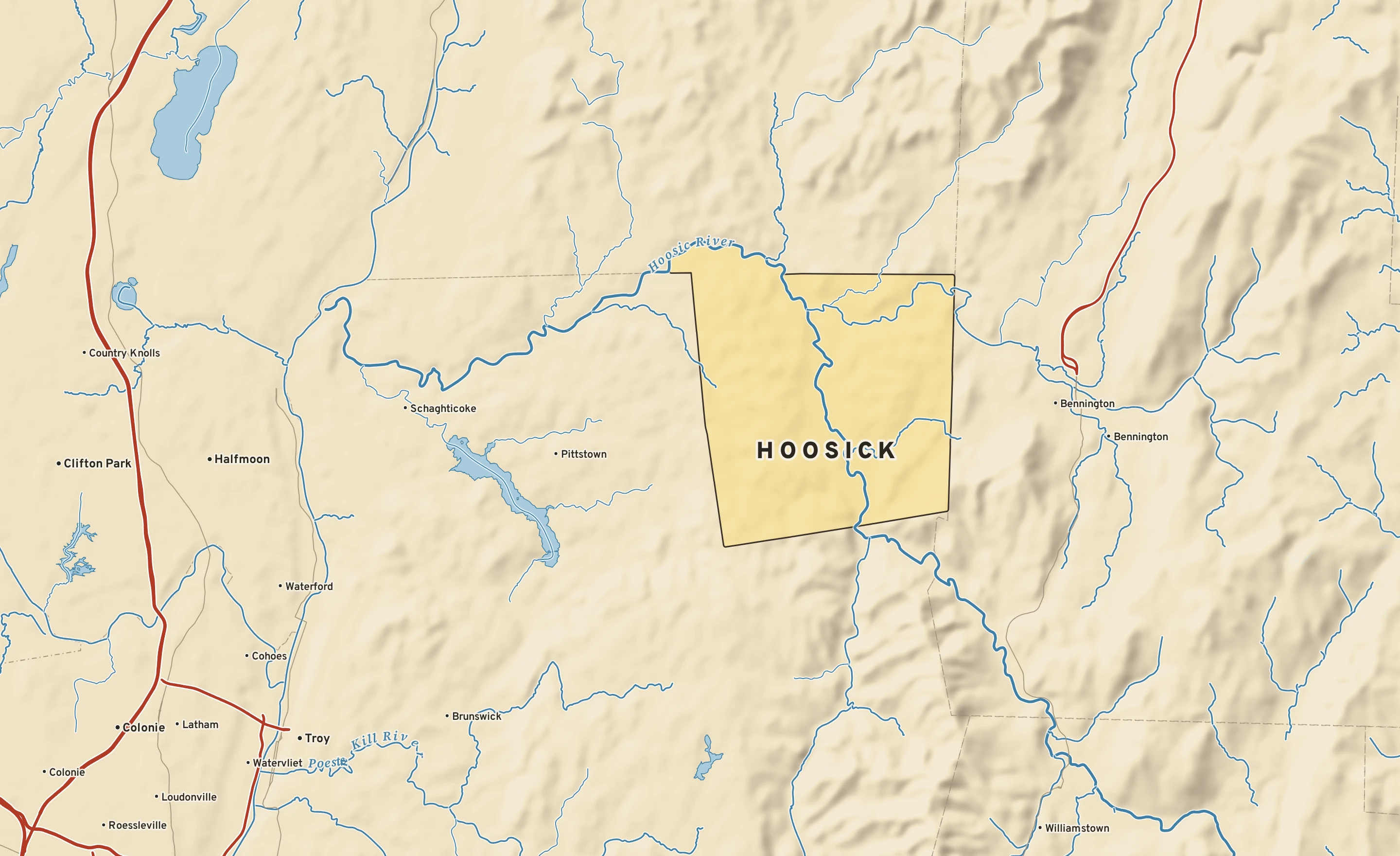 Shaded-relief atlas plate of Hoosick, New York: rivers, roads, the city limits and where the water drains.