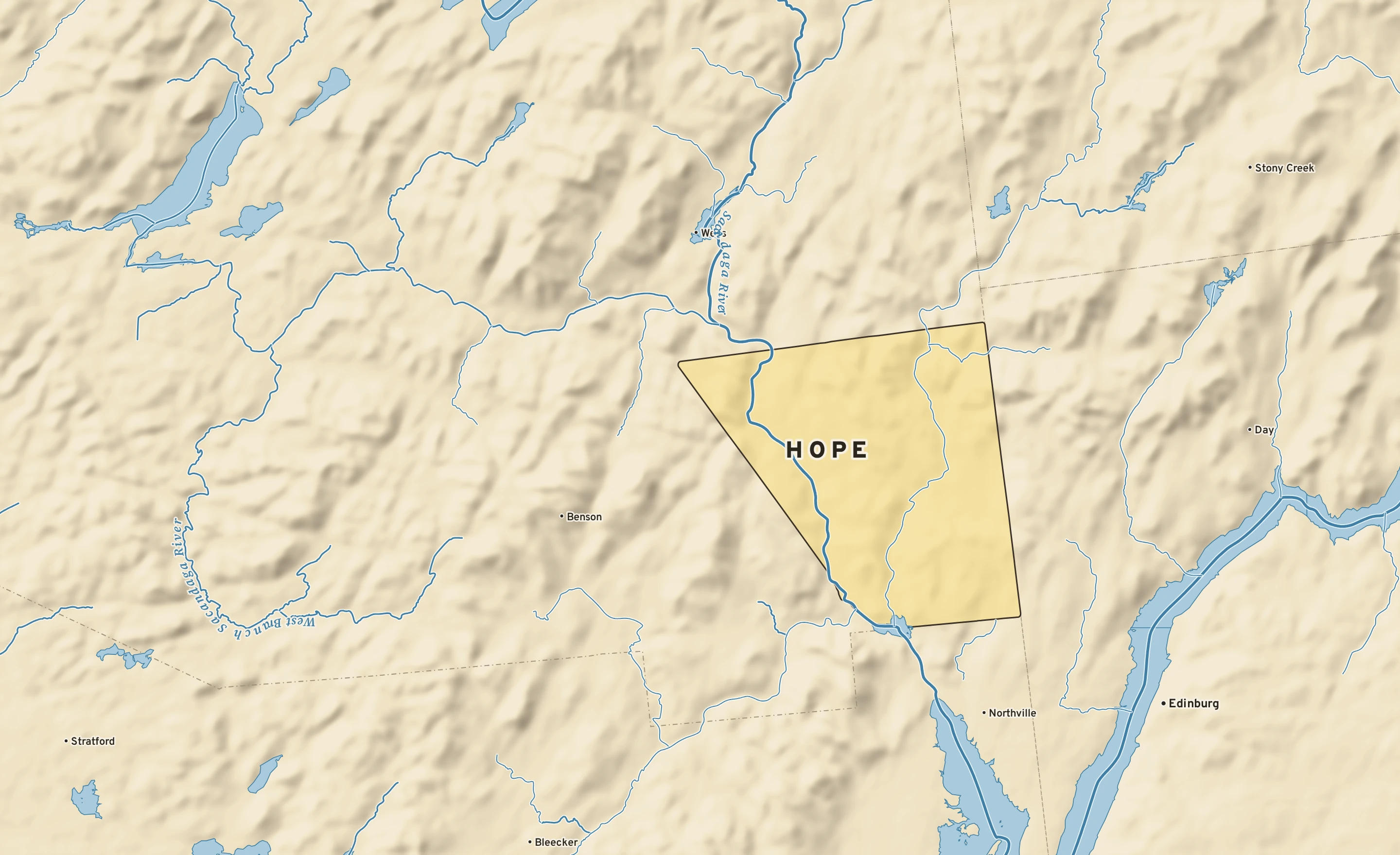 Shaded-relief atlas plate of Hope, New York: rivers, roads, the city limits and where the water drains.
