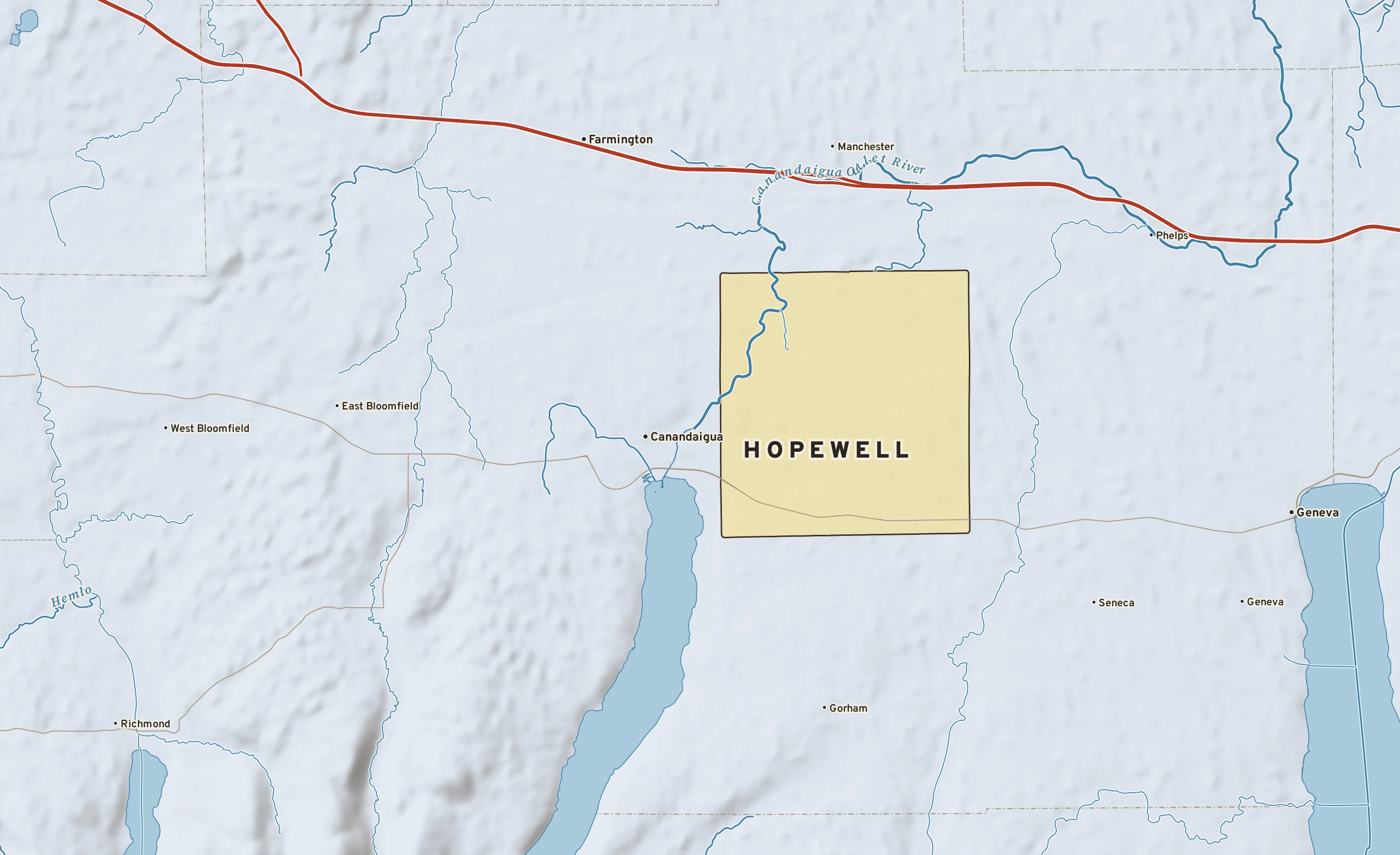 Shaded-relief atlas plate of Hopewell, New York: rivers, roads, the city limits and where the water drains.