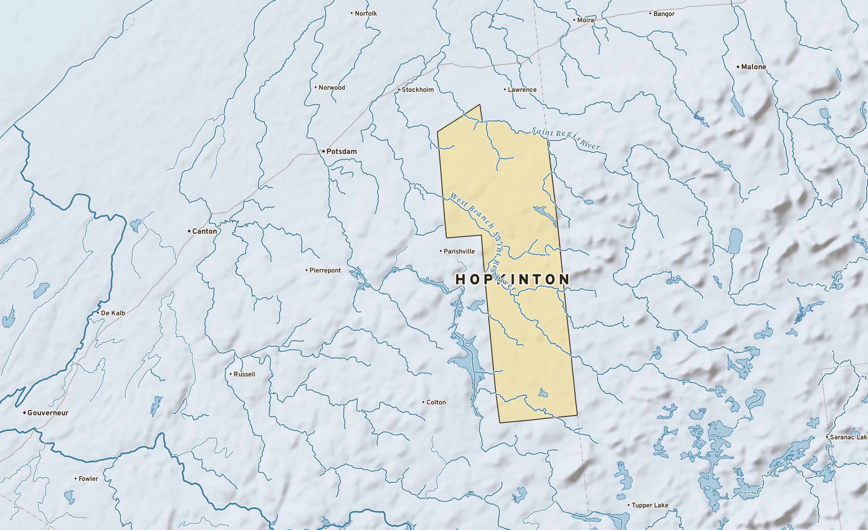 Shaded-relief atlas plate of Hopkinton, New York: rivers, roads, the city limits and where the water drains.