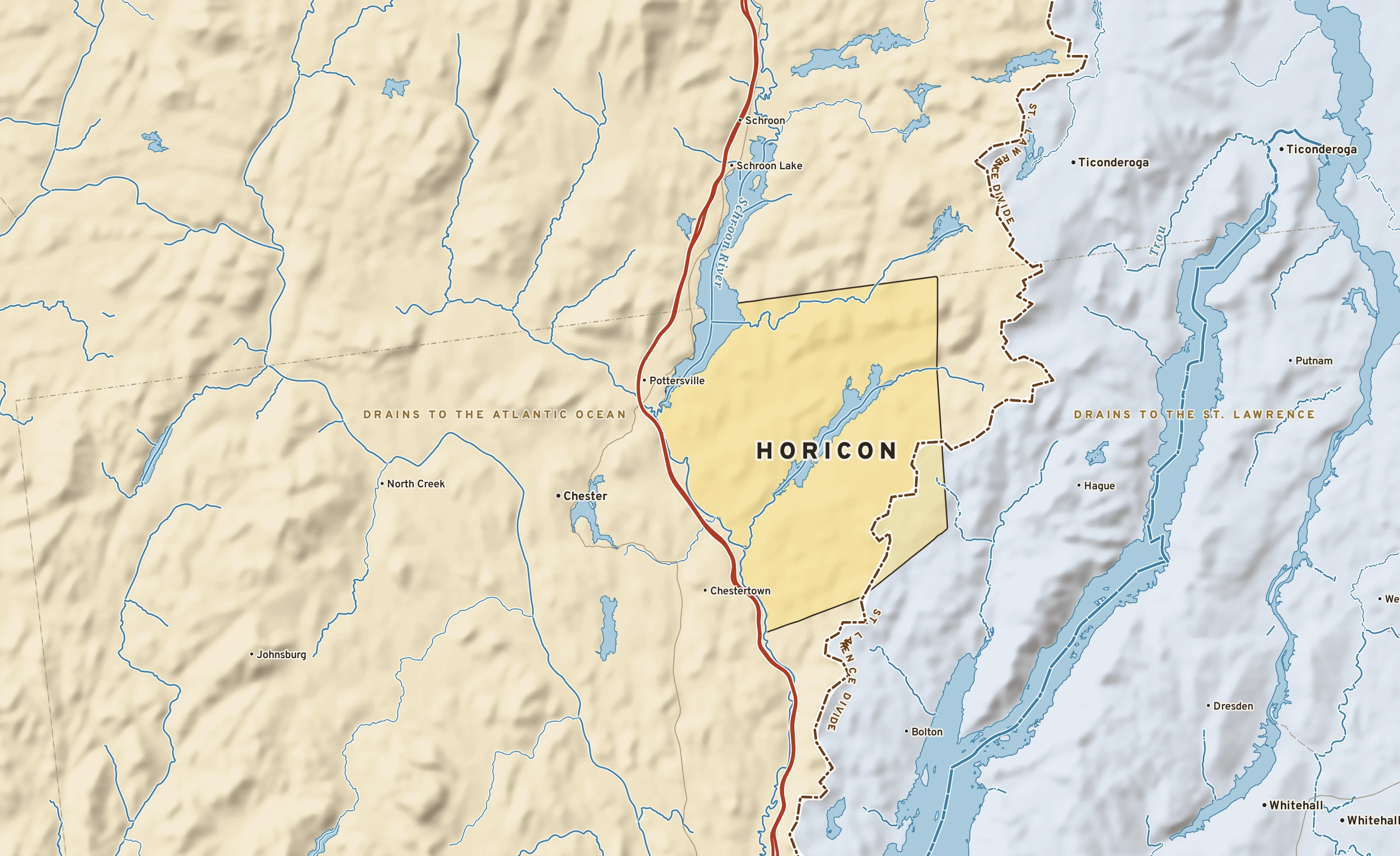Shaded-relief atlas plate of Horicon, New York: rivers, roads, the city limits and where the water drains.