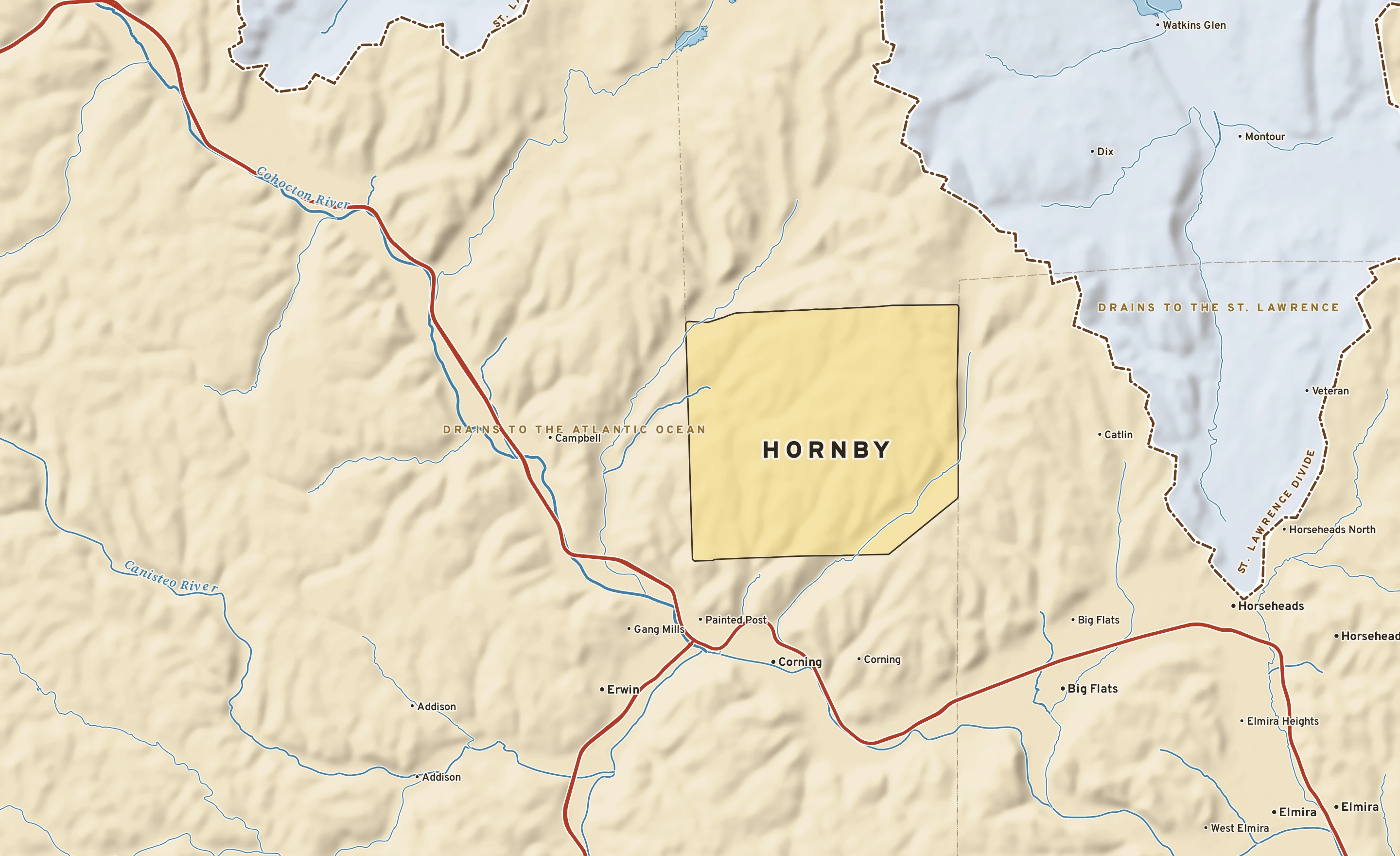 Shaded-relief atlas plate of Hornby, New York: rivers, roads, the city limits and where the water drains.
