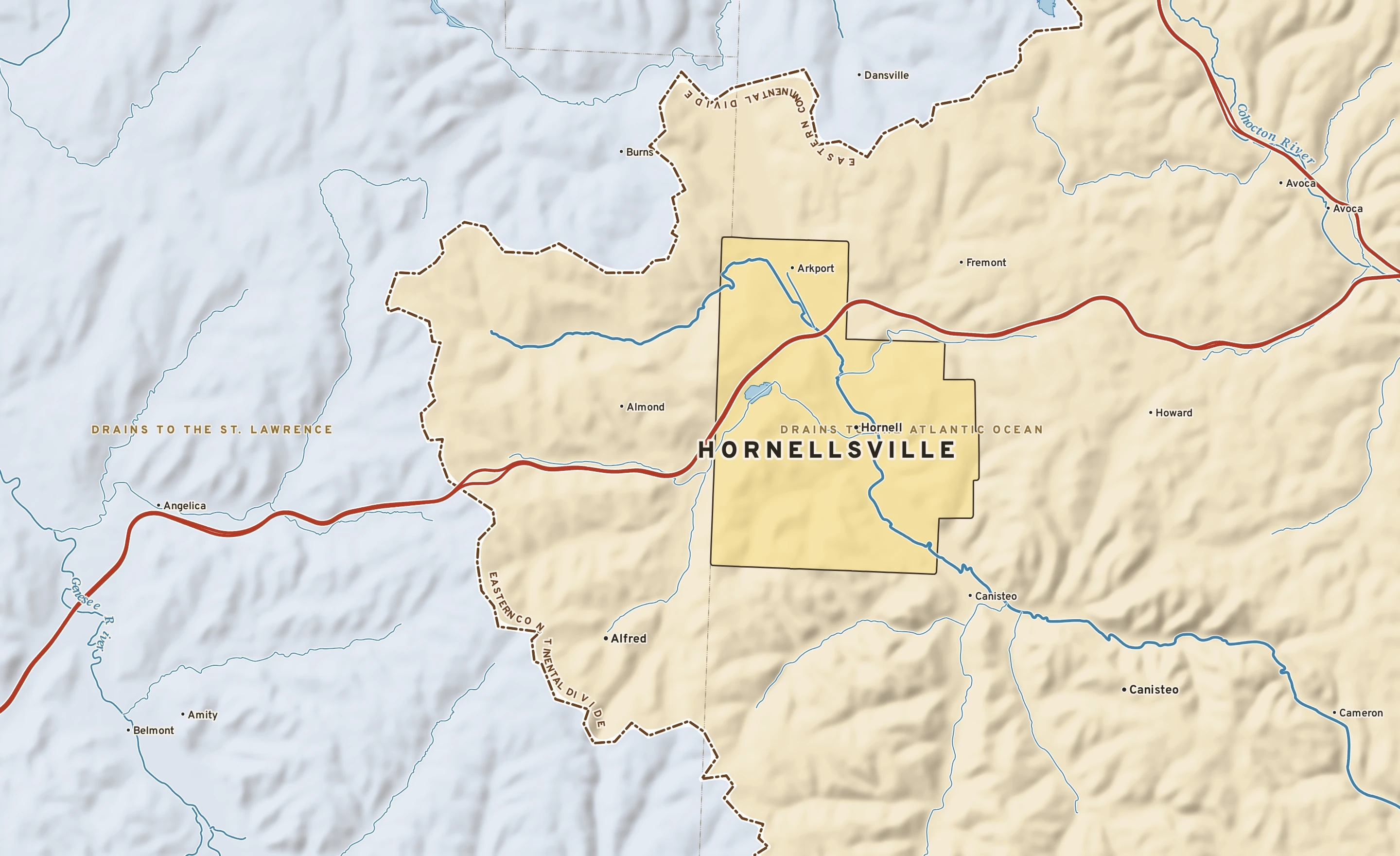 Shaded-relief atlas plate of Hornellsville, New York: rivers, roads, the city limits and where the water drains.
