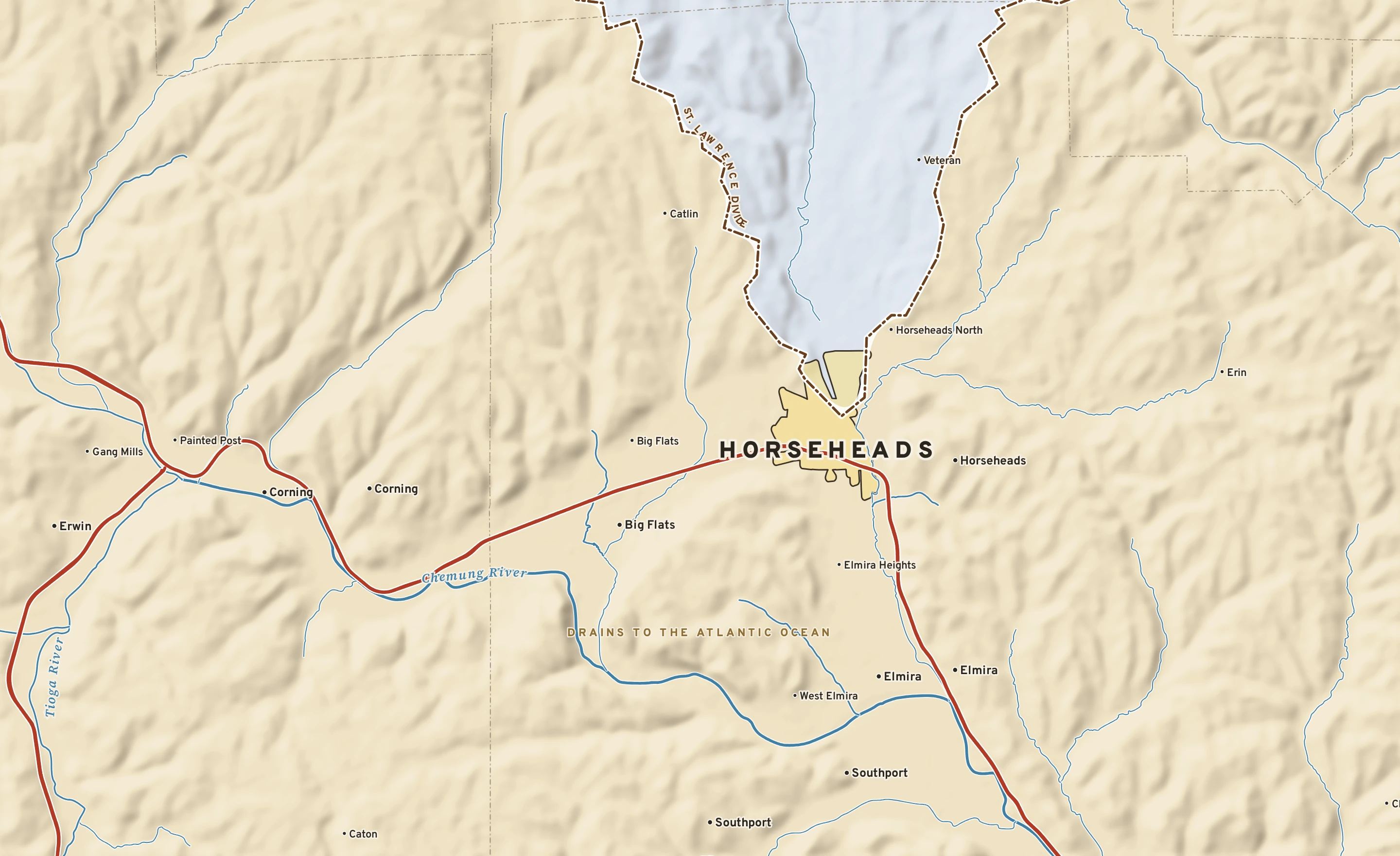 Shaded-relief atlas plate of Horseheads, New York: rivers, roads, the city limits and where the water drains.