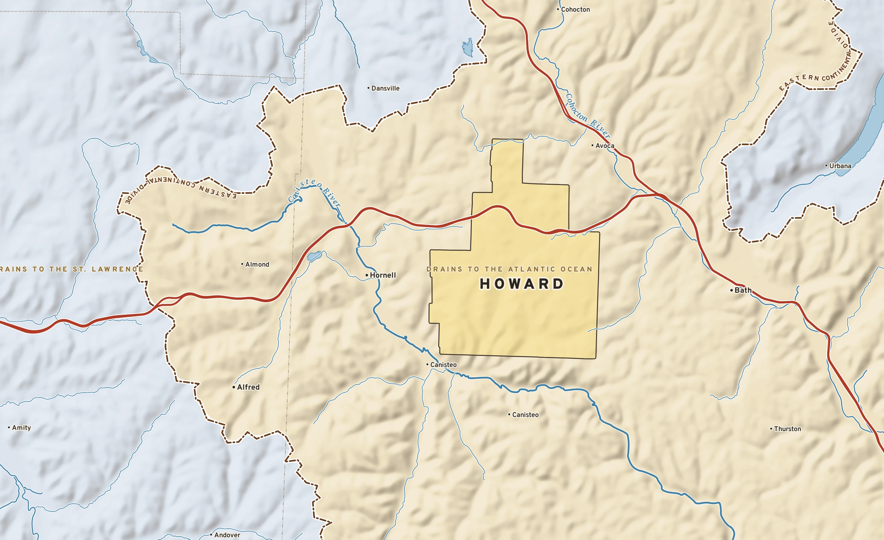 Shaded-relief atlas plate of Howard, New York: rivers, roads, the city limits and where the water drains.