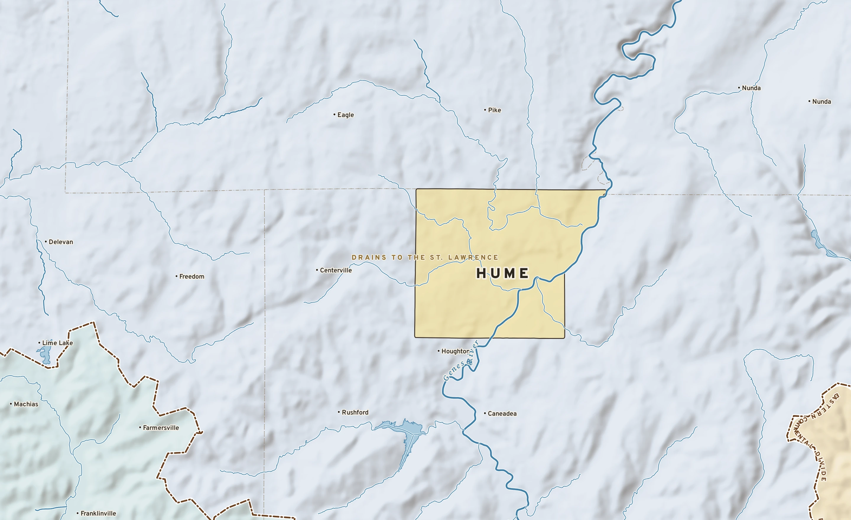 Shaded-relief atlas plate of Hume, New York: rivers, roads, the city limits and where the water drains.