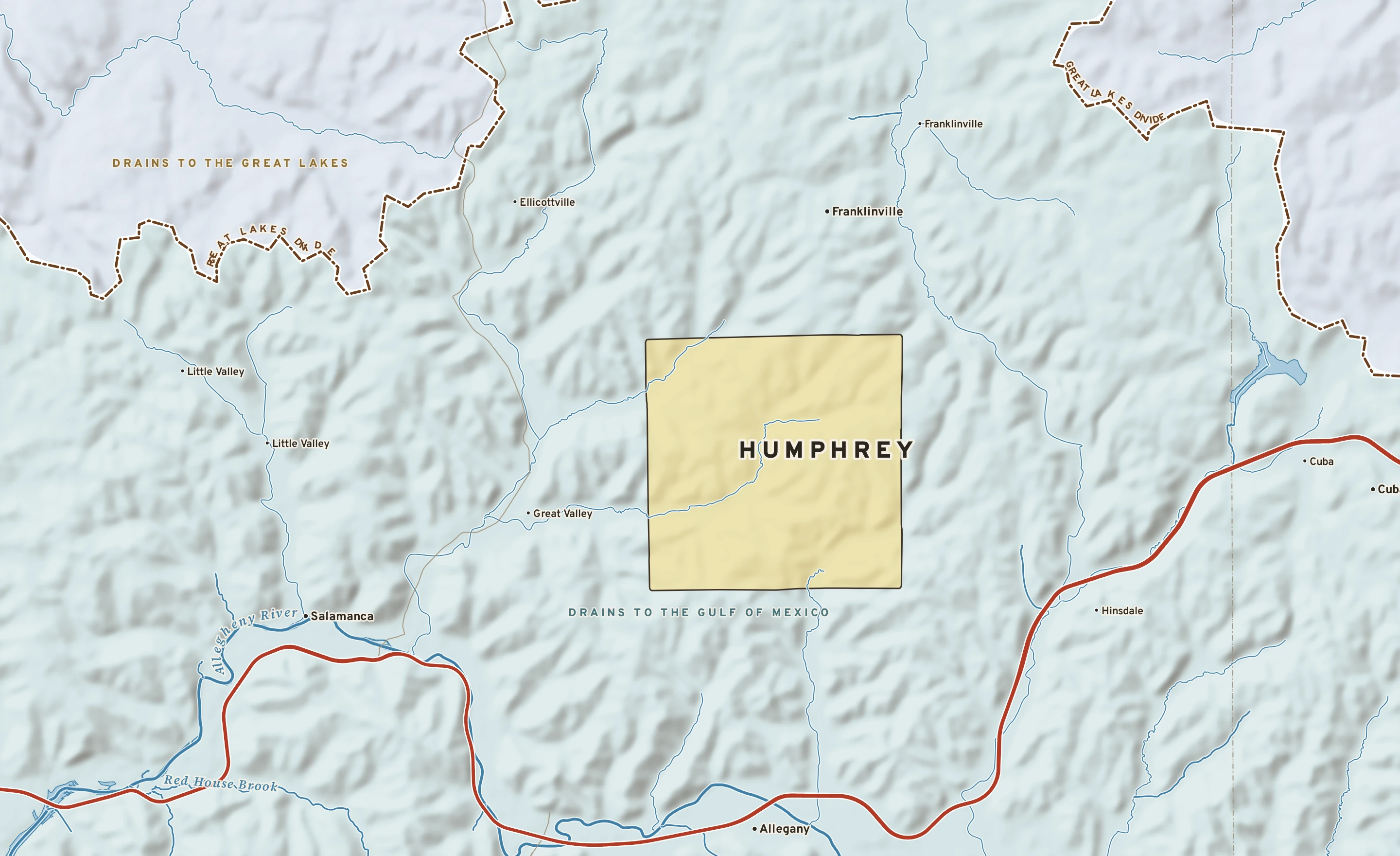 Shaded-relief atlas plate of Humphrey, New York: rivers, roads, the city limits and where the water drains.